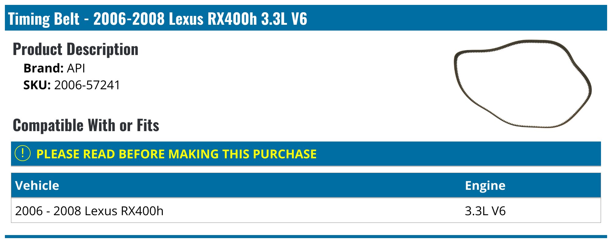 20062008 Lexus RX400h Timing Belt API 1857807947072