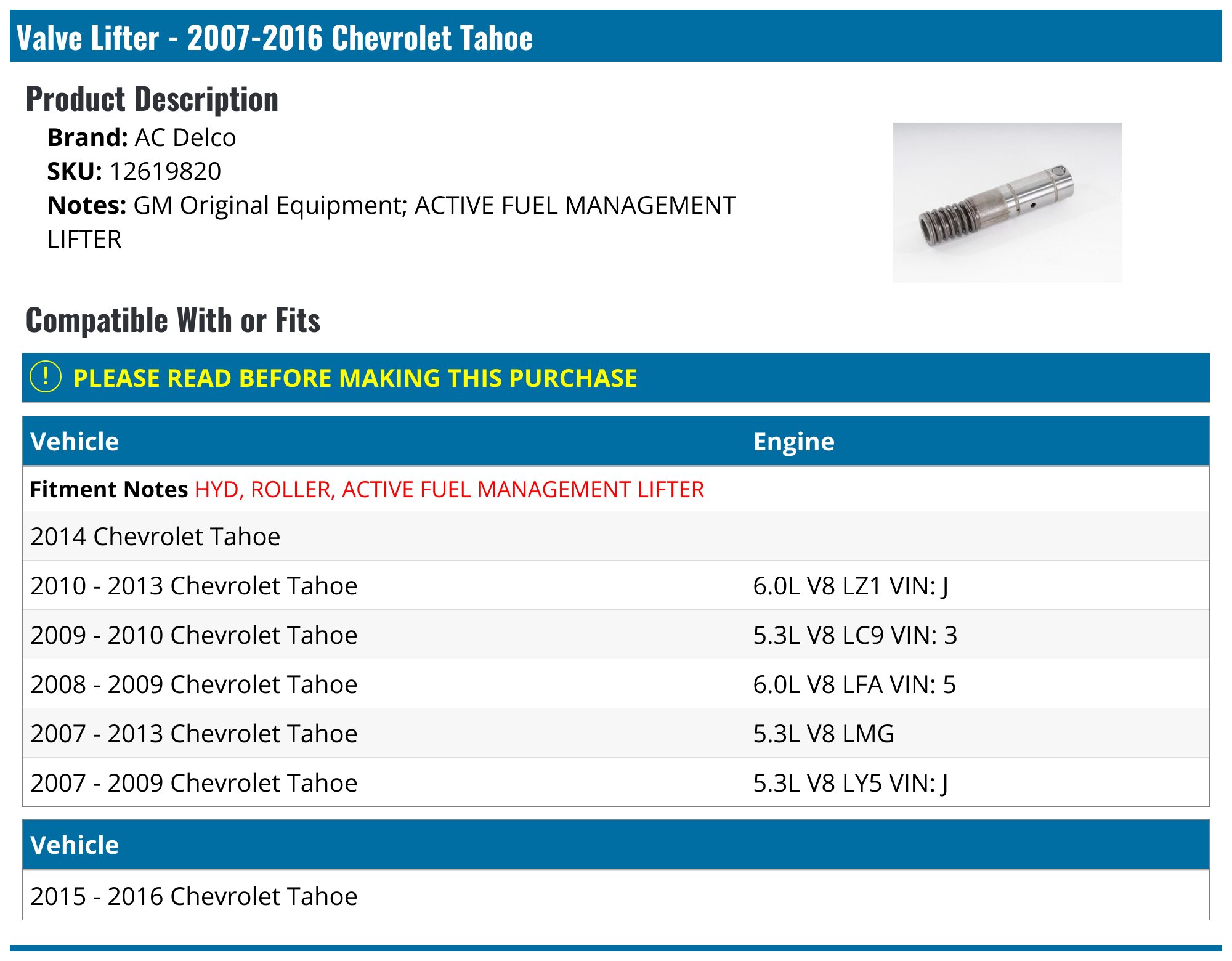 20072016 Chevrolet Tahoe Valve Lifter AC Delco 12619820