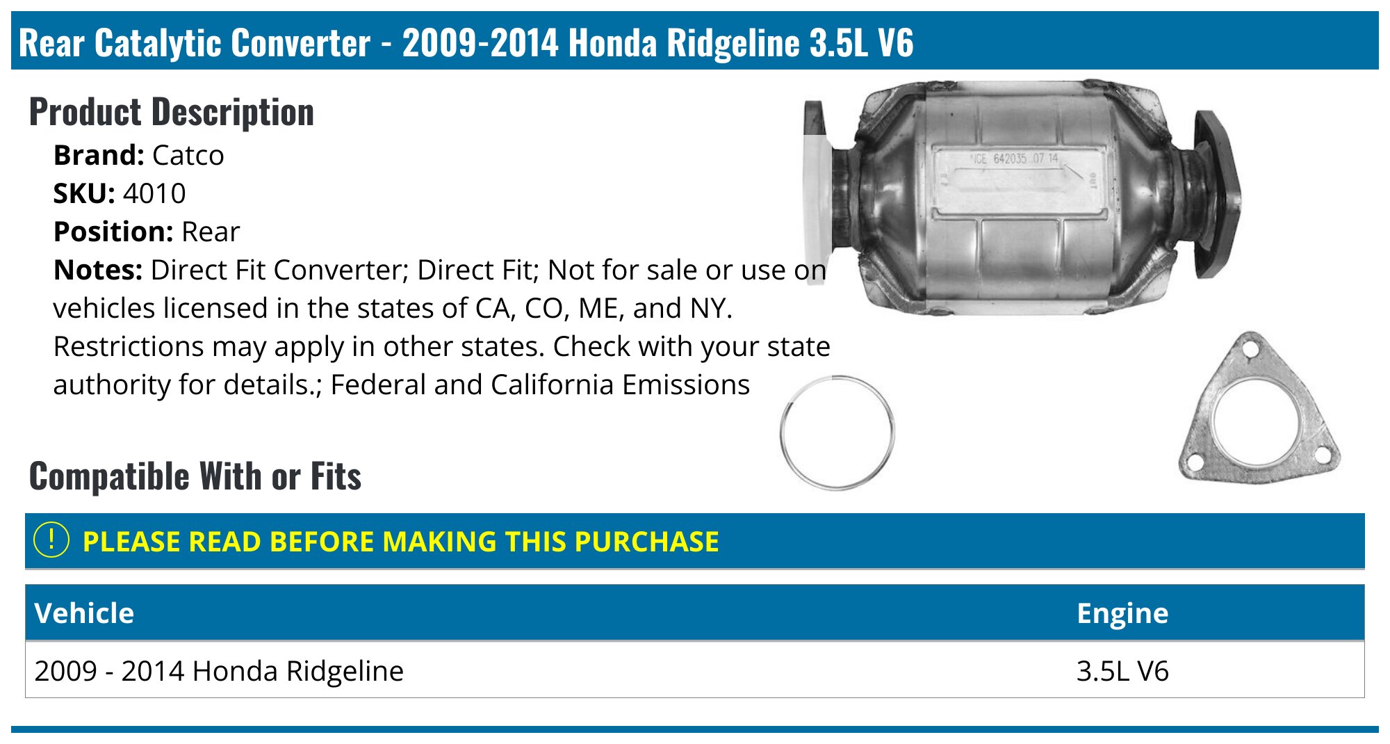 20092014 Honda Ridgeline Catalytic Converter Catco 4010 Rear