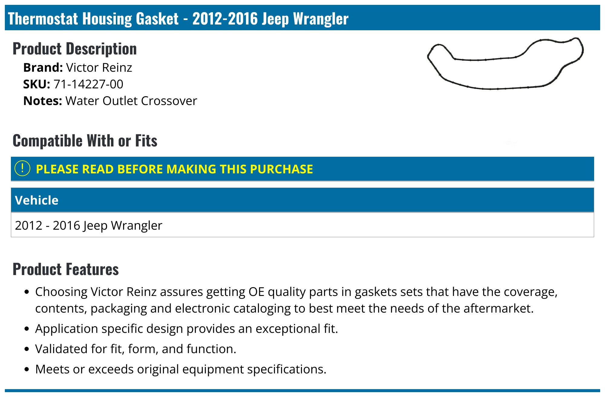 20122016 Jeep Wrangler Thermostat Housing Gasket Victor Reinz 71