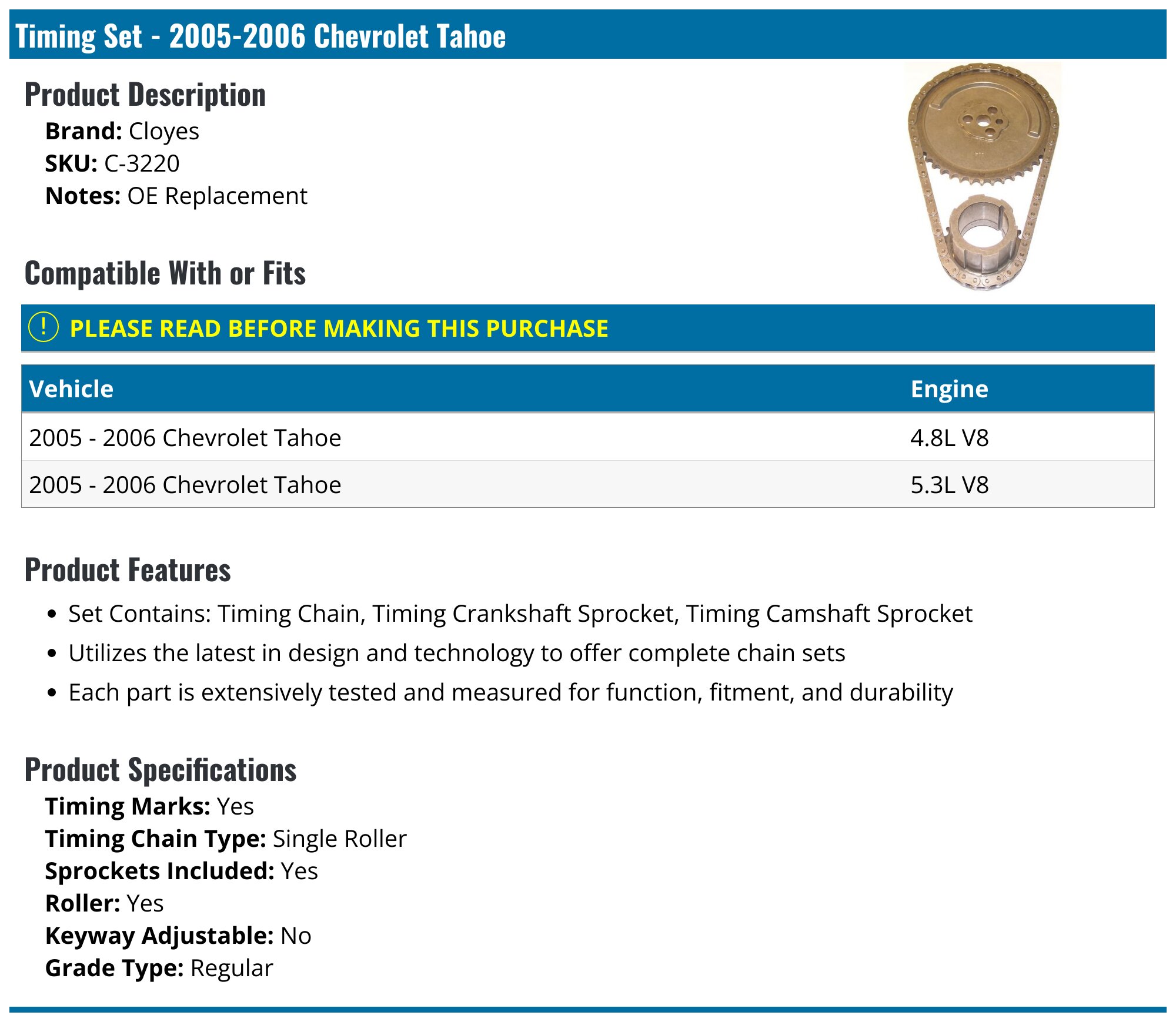 20052006 Chevrolet Tahoe Timing Chain Cloyes C3220