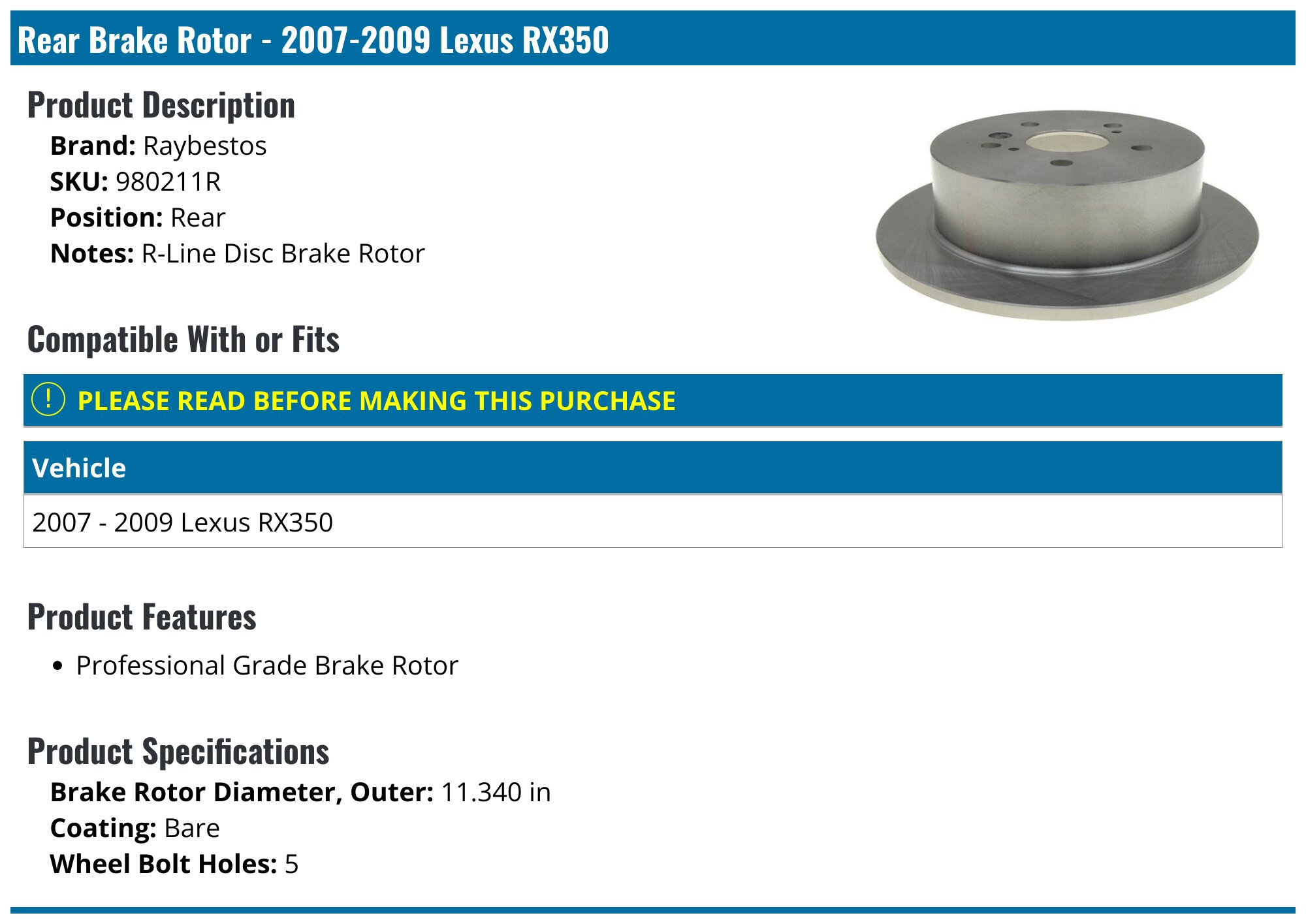 Lexus Rx 350 Rear Brake Rotor Replacement 2007-2009 Lexus RX350 Brake Rotor - Raybestos 980211R - Rear ...