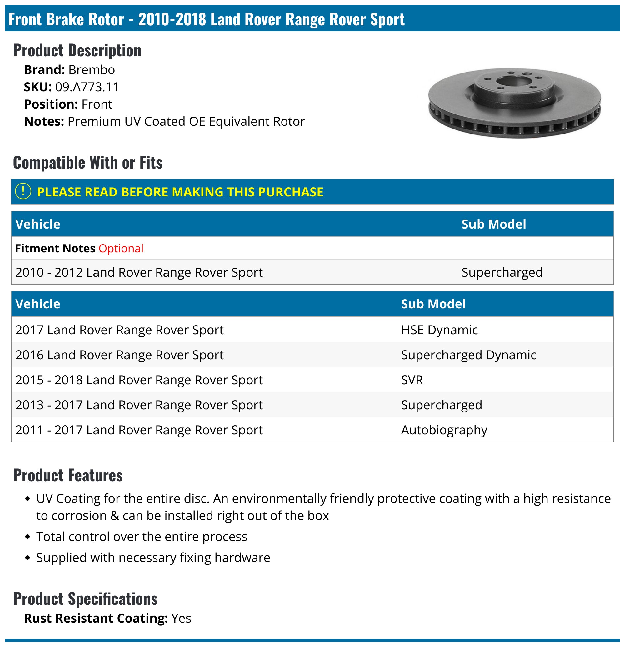 2010-2017 Land Rover Range Rover Sport Brake Rotor - Brembo 09.A773.11 -  Front - PartsGeek.com