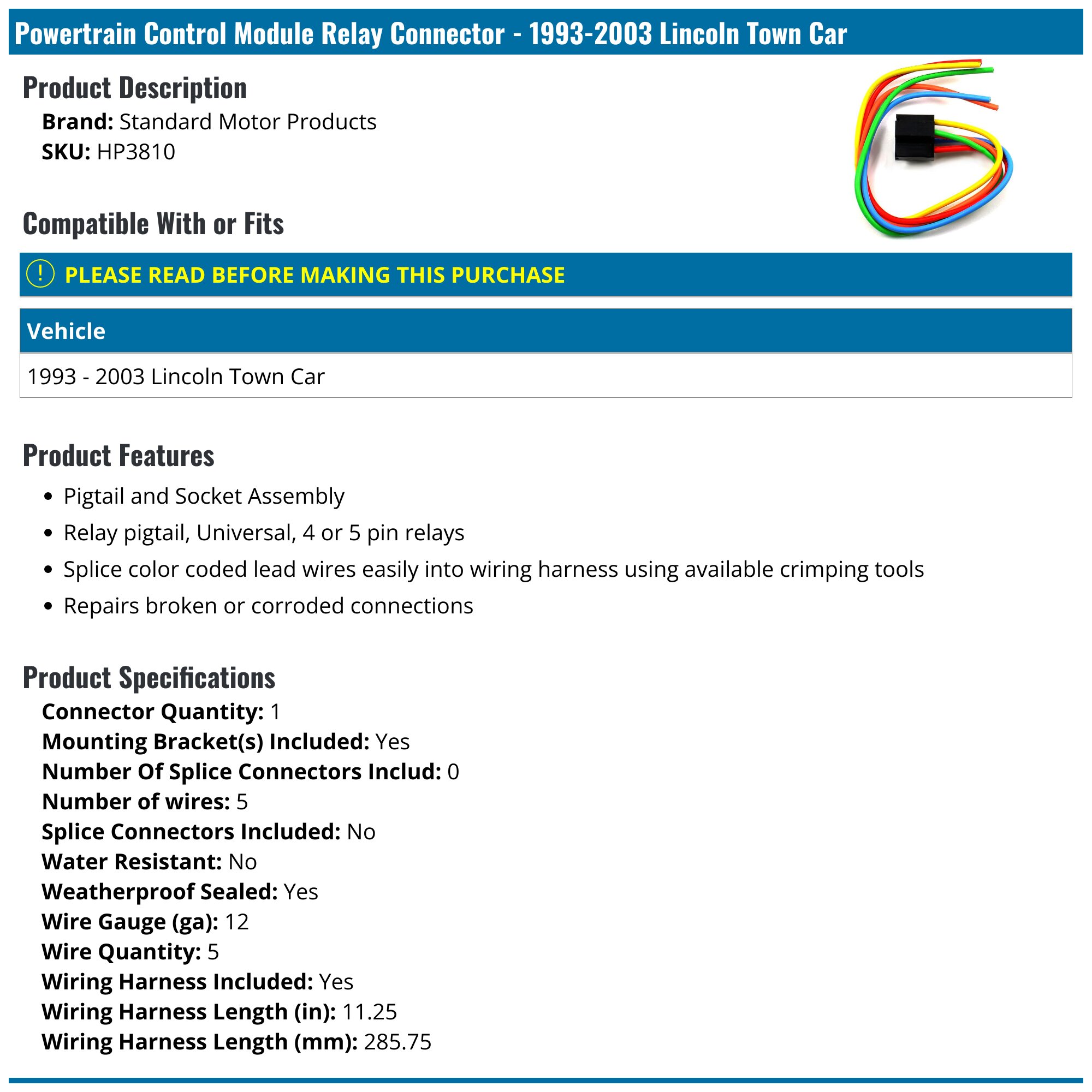 Powertrain Control Module Lincoln 1993-2003 Lincoln Town Car Powertrain Control Module Relay Connector ...