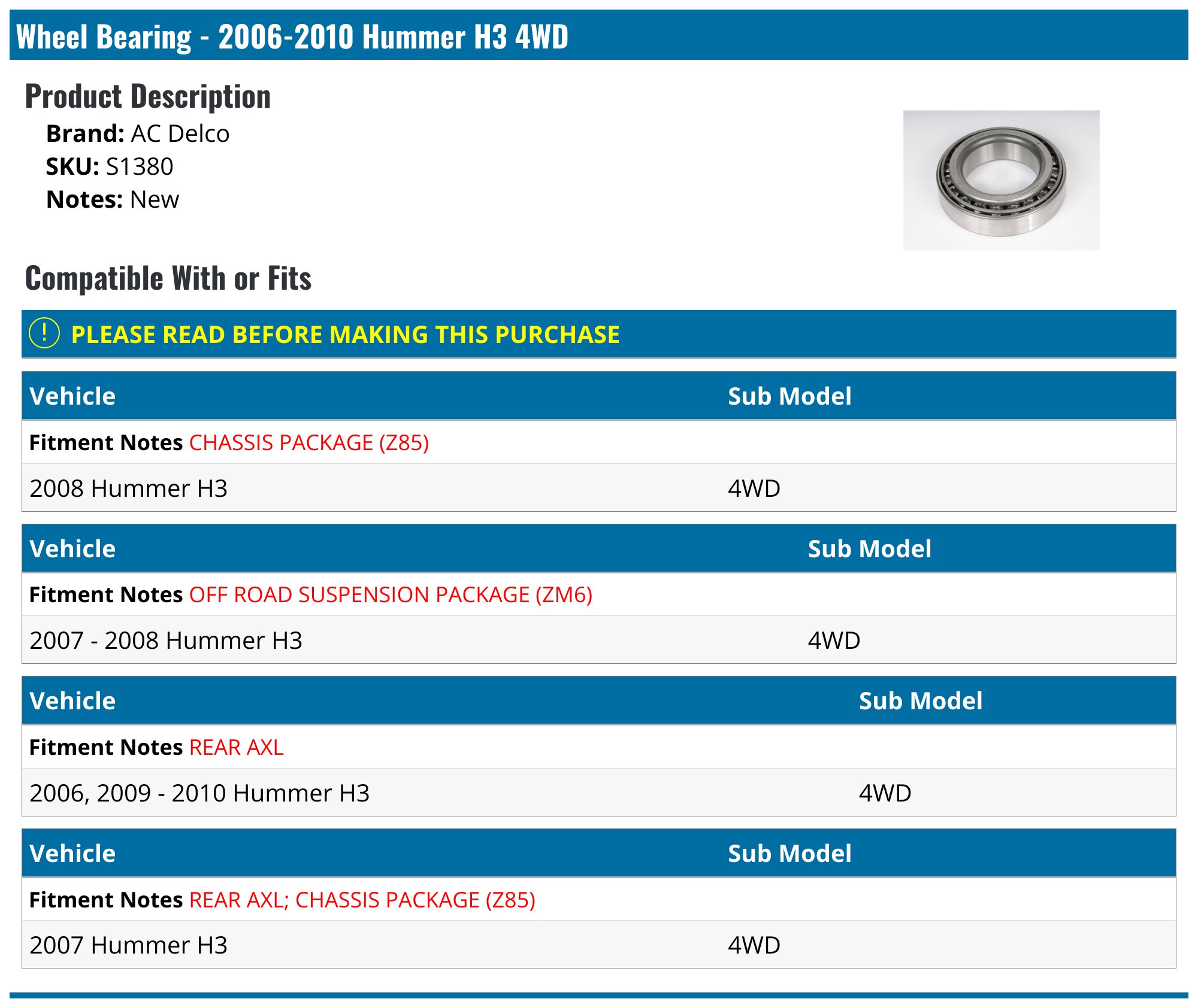 Front Outer Differential Bearing For 2006-2010 Hummer H3 - Direct Replacement Part