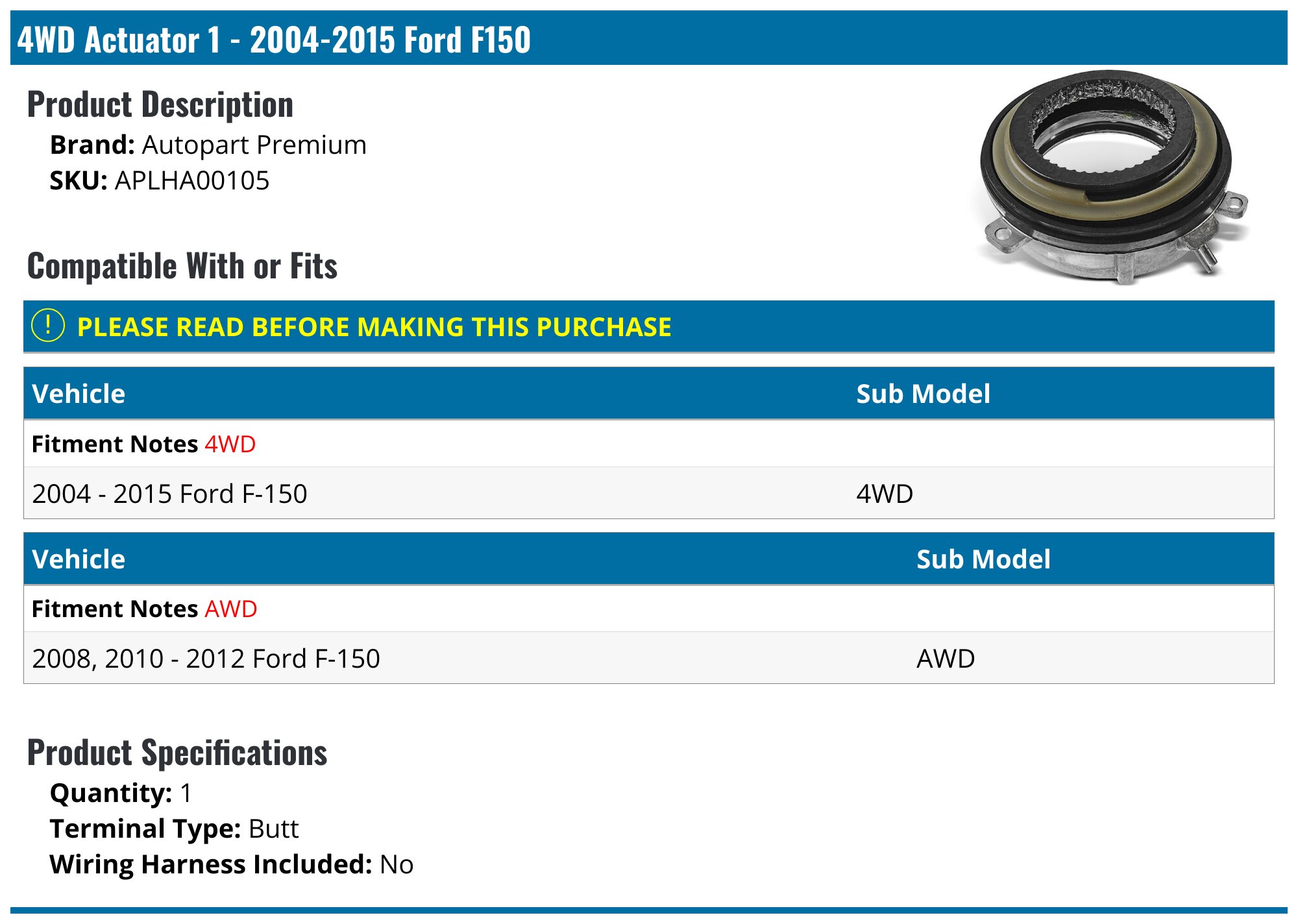 20042015 Ford F150 4WD Actuator Autopart Premium APLHA00105