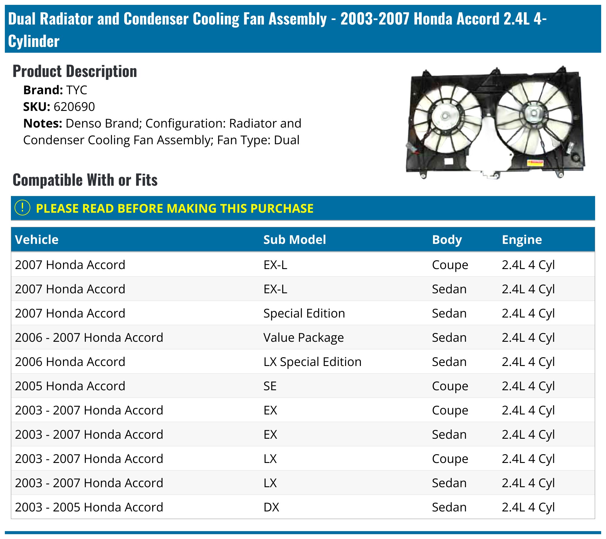 Fan For Dual Radiator Cooling 2003-2007 Honda Accord 2.4L Automotive Cooling Fan - Foto 8