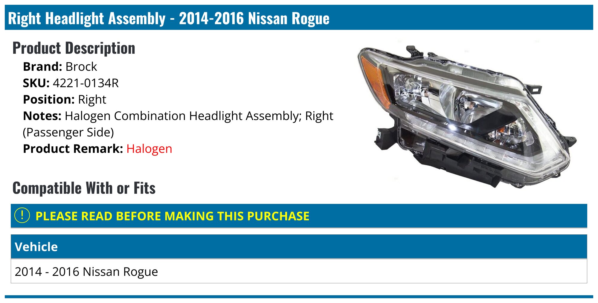 20142016 Nissan Rogue Headlight Assembly Brock 42210134R Right