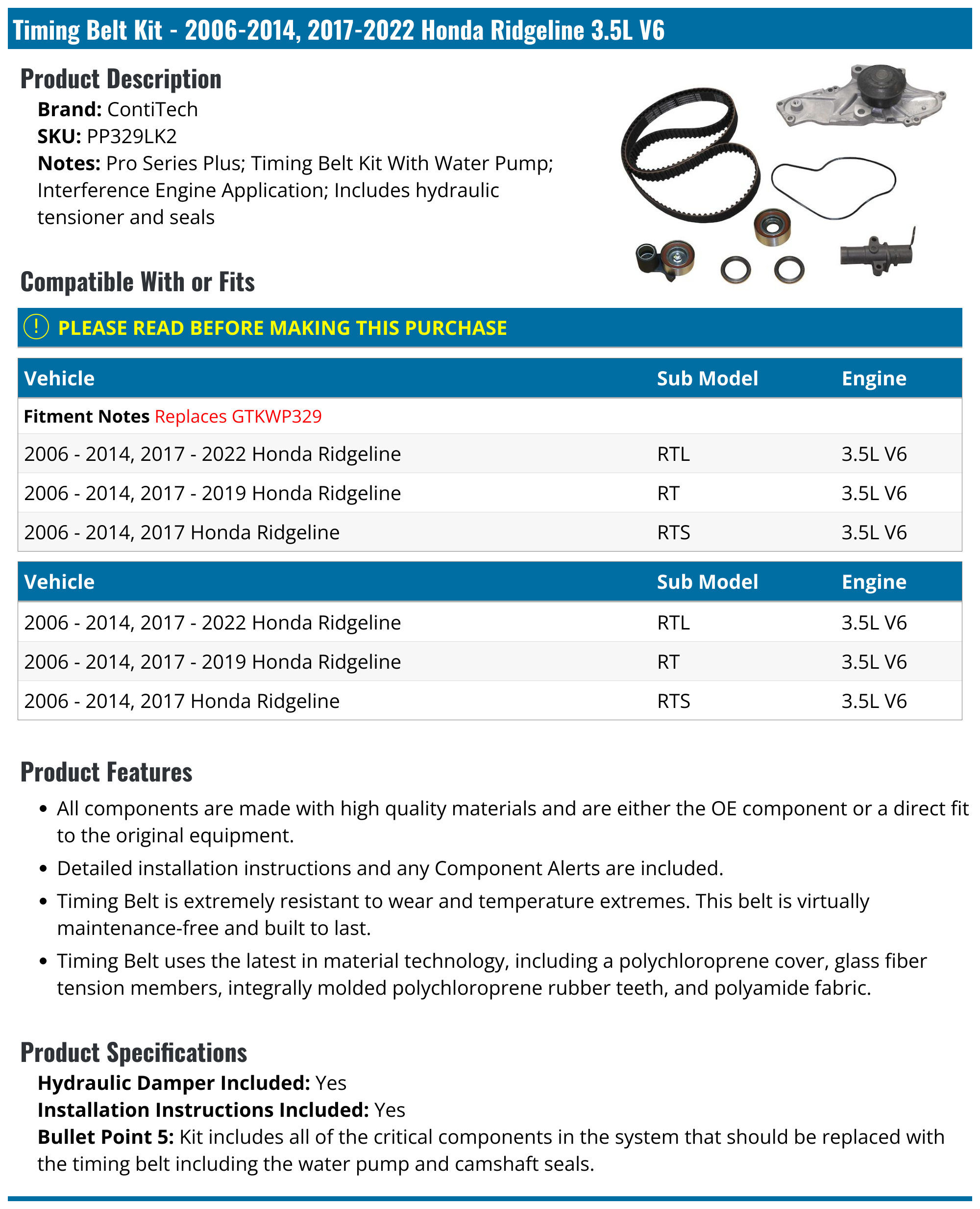 20062014, 20172022 Honda Ridgeline Timing Belt ContiTech PP329LK2