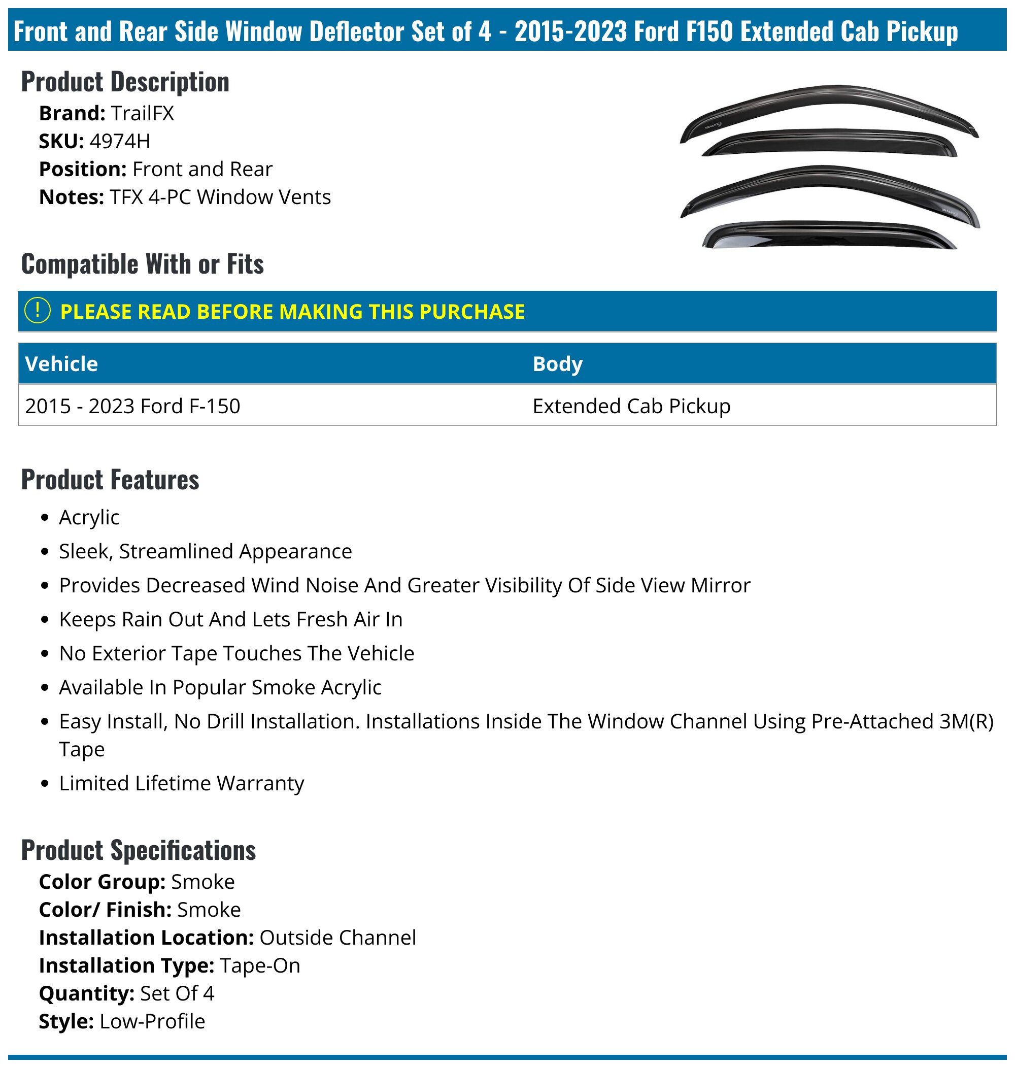 F150 Side Rear Window Deflector 2015-2025 Ford F150 Side Window Deflector - TrailFX 4974H - Front and ...