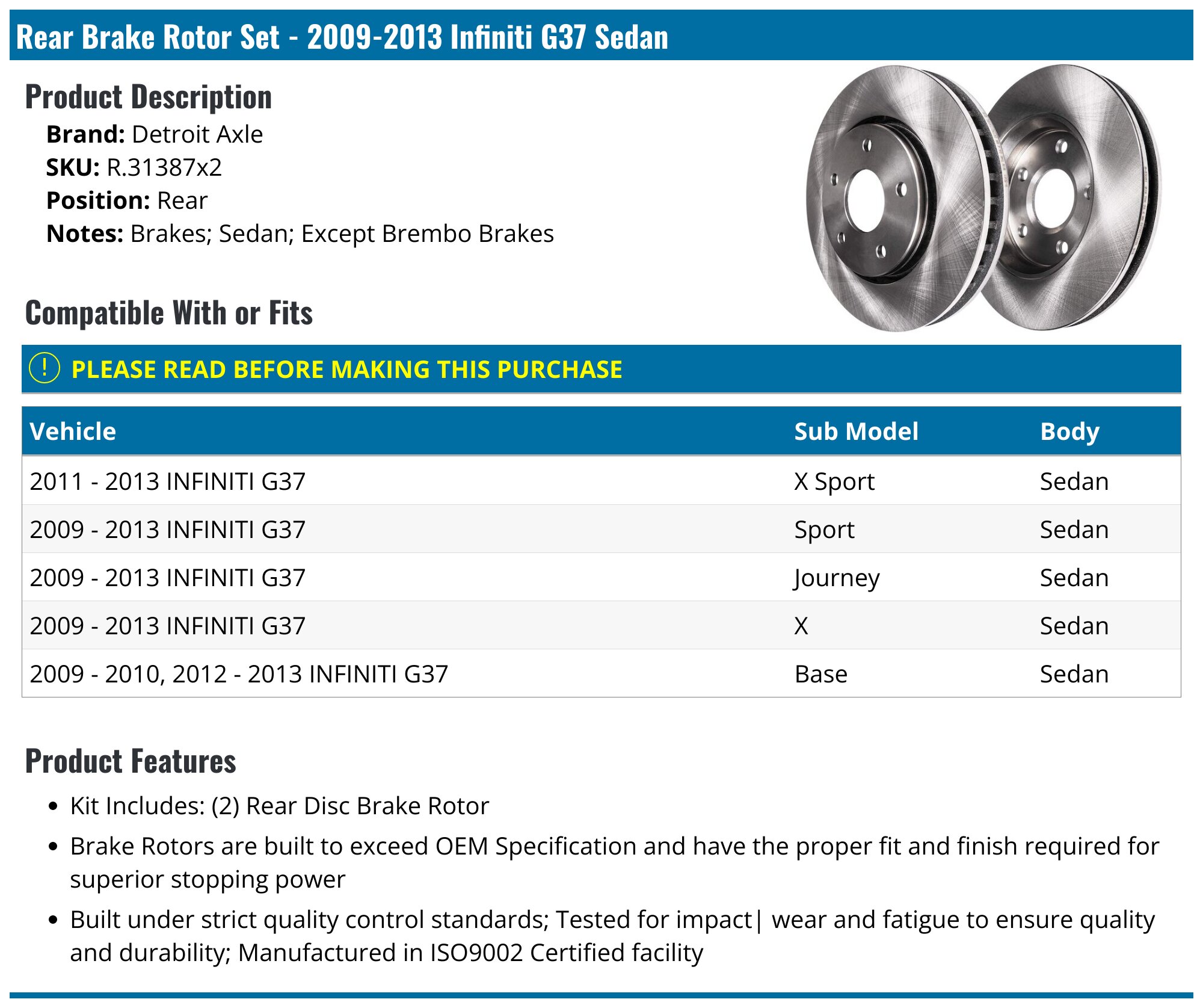 20092013 Infiniti G37 Brake Rotor Detroit Axle R.31387x2 Rear