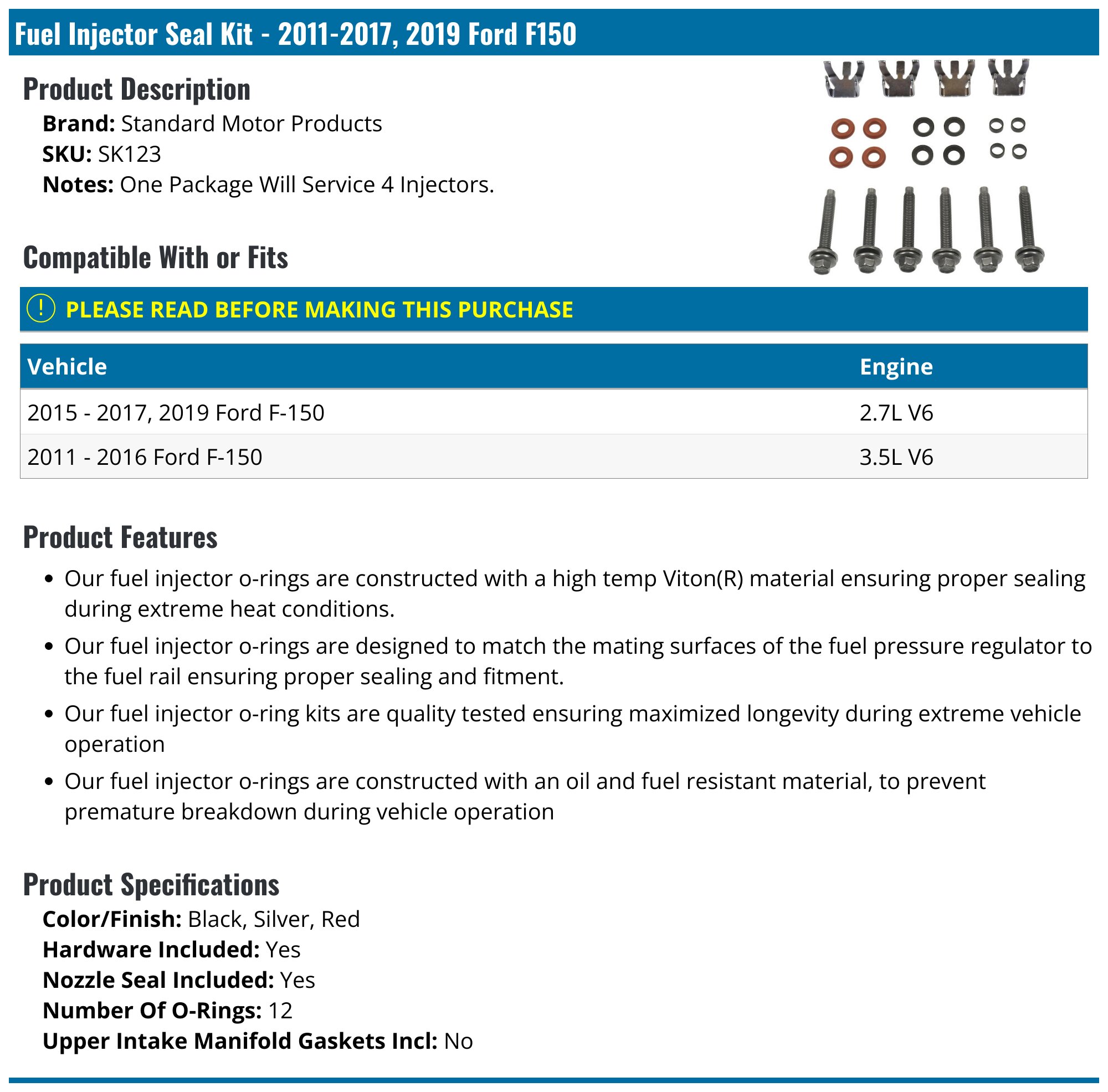 20112017, 2019 Ford F150 Fuel Injector Seal Standard Motor Products