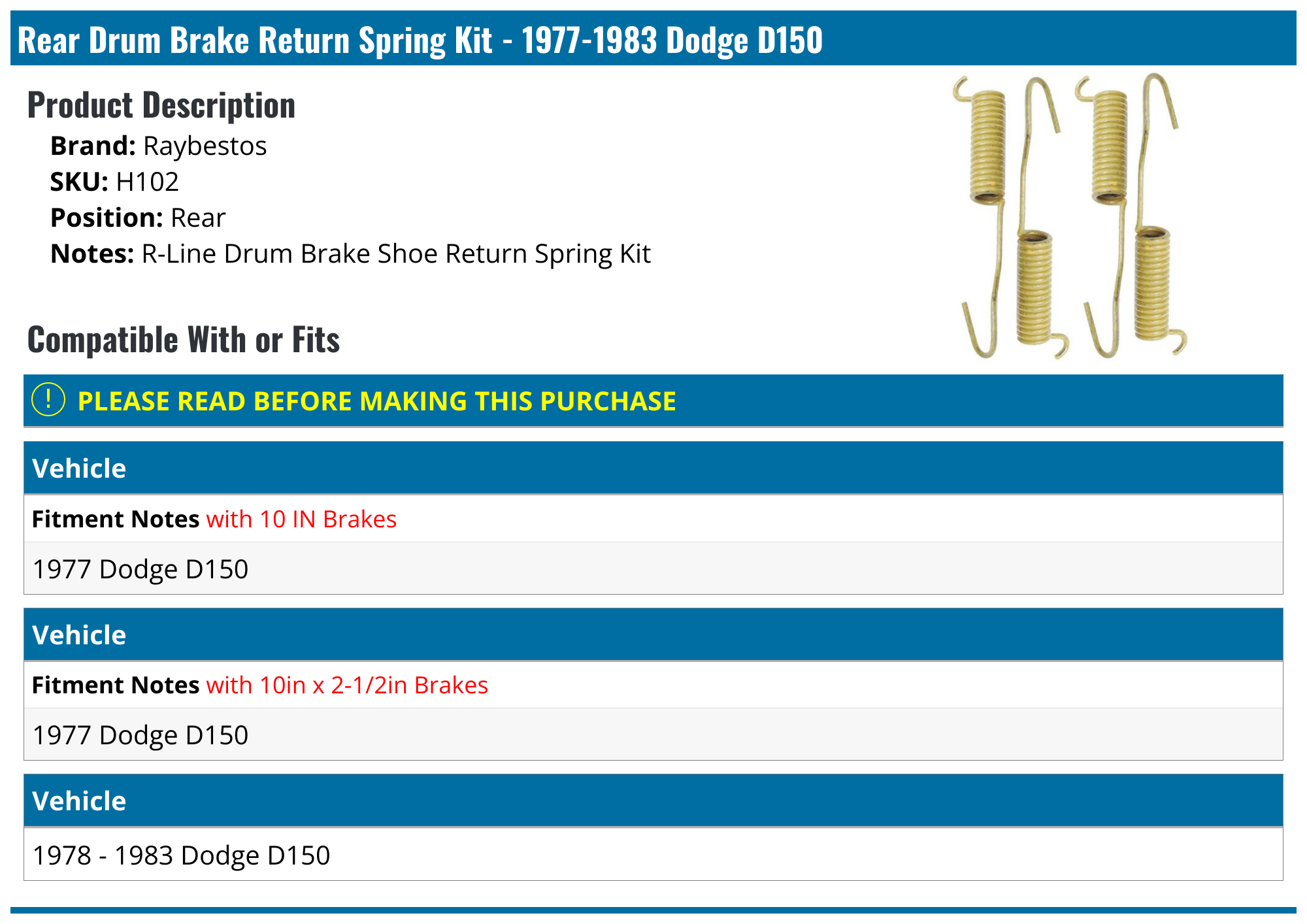 1977-1983 Dodge D150 Drum Brake Return Spring Kit - Raybestos H102 ...