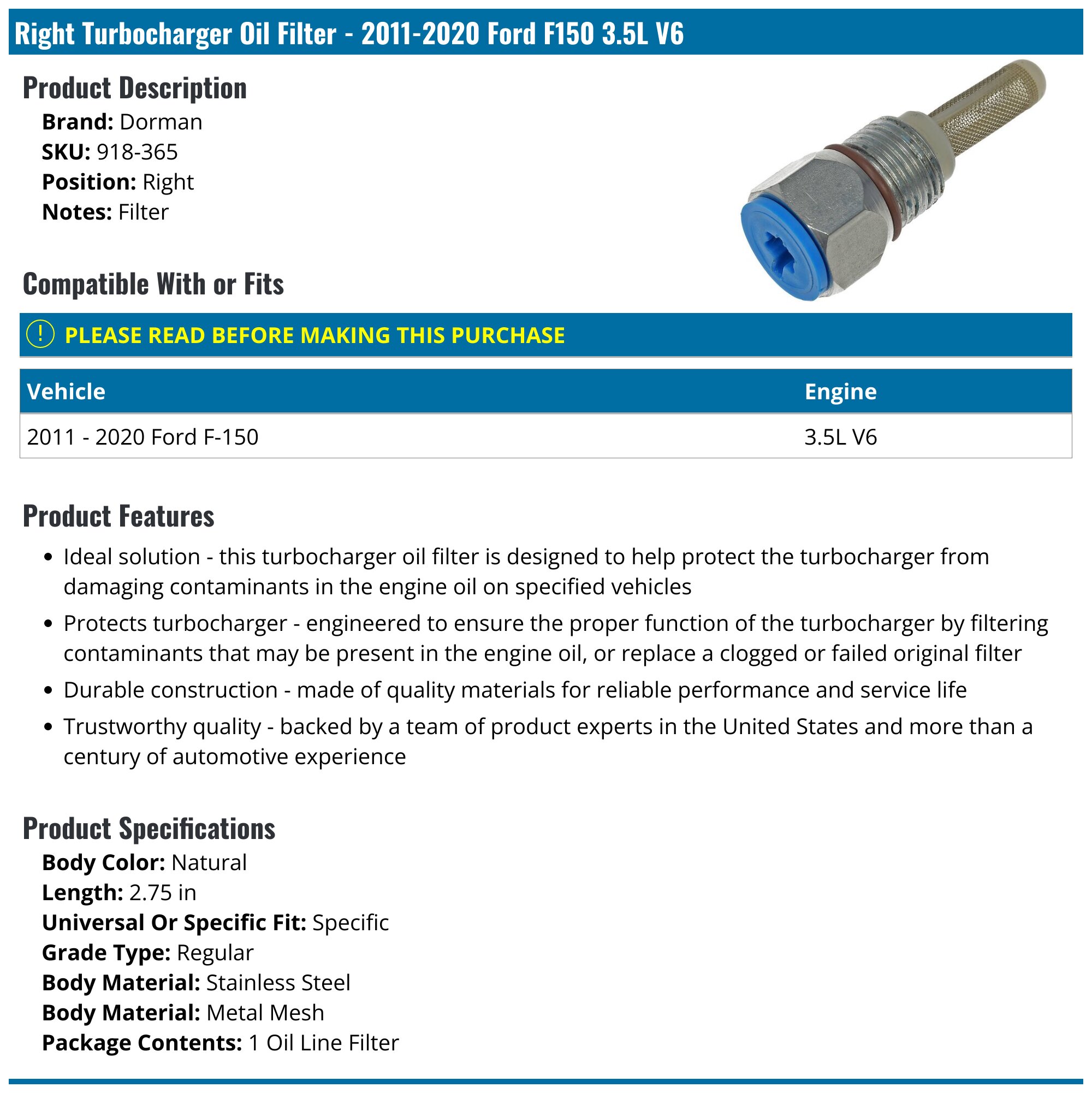 2011-2020 Ford F150 Turbocharger Oil Filter - Dorman 918-365 - Right ...