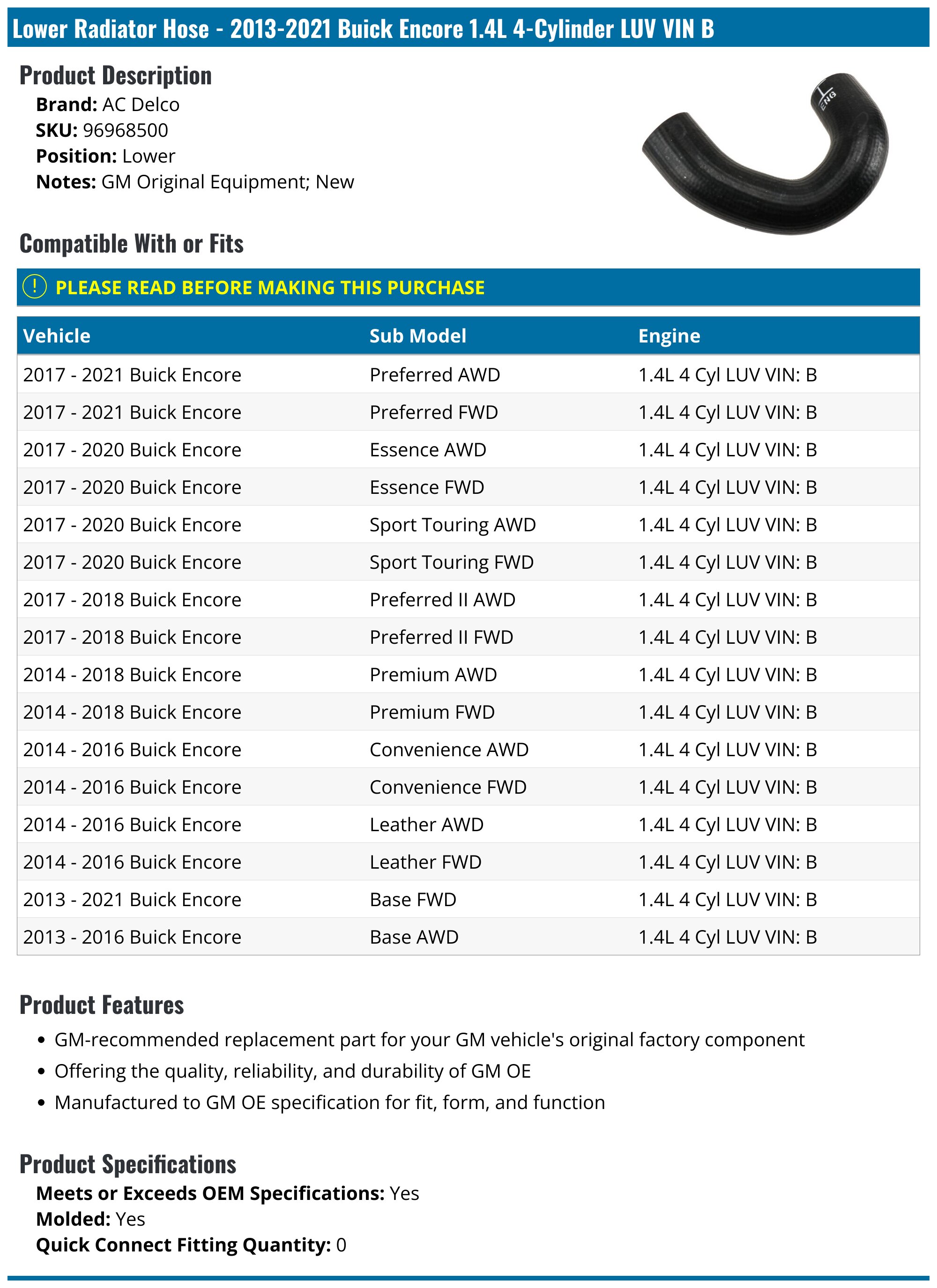 Buick Encore Radiator Hose - Radiator Upper and Lower Hoses - AC Delco ...