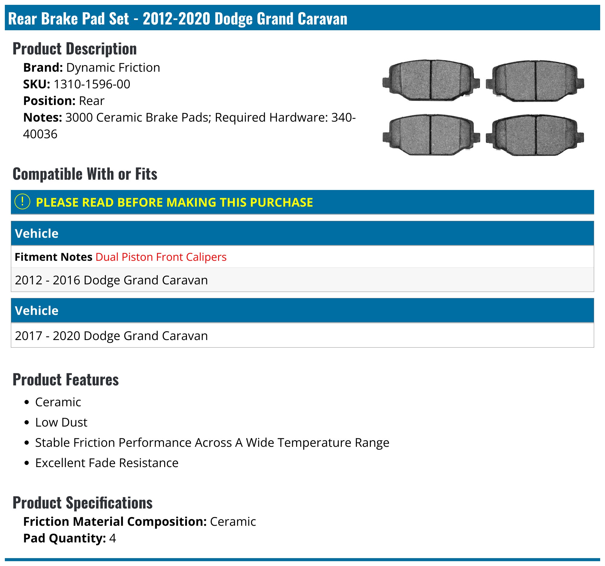 Front & Rear Ceramic Brake Pads Kit For Dodge Grand Caravan 2012-2016 – Topcn