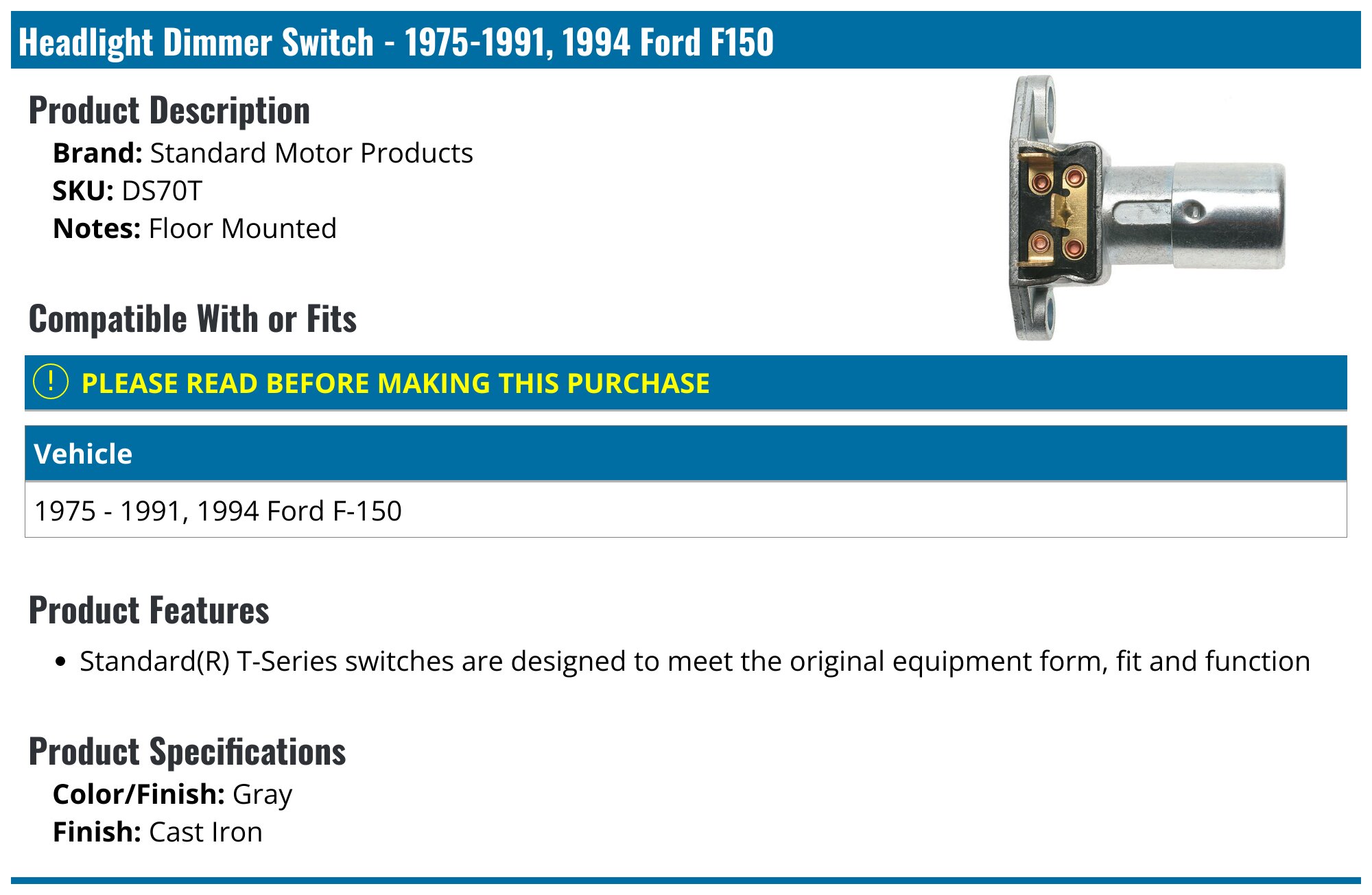19751991, 1994 Ford F150 Headlight Dimmer Switch Standard Motor