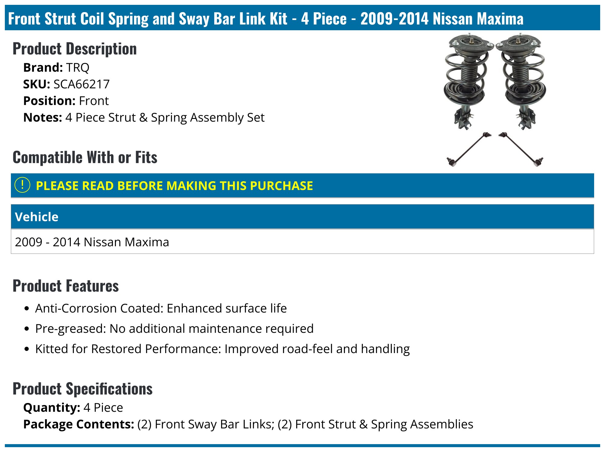OREDY Front Complete Strut & Spring Assembly + Sway Bar Links For 2009-2014 Nissan Maxima