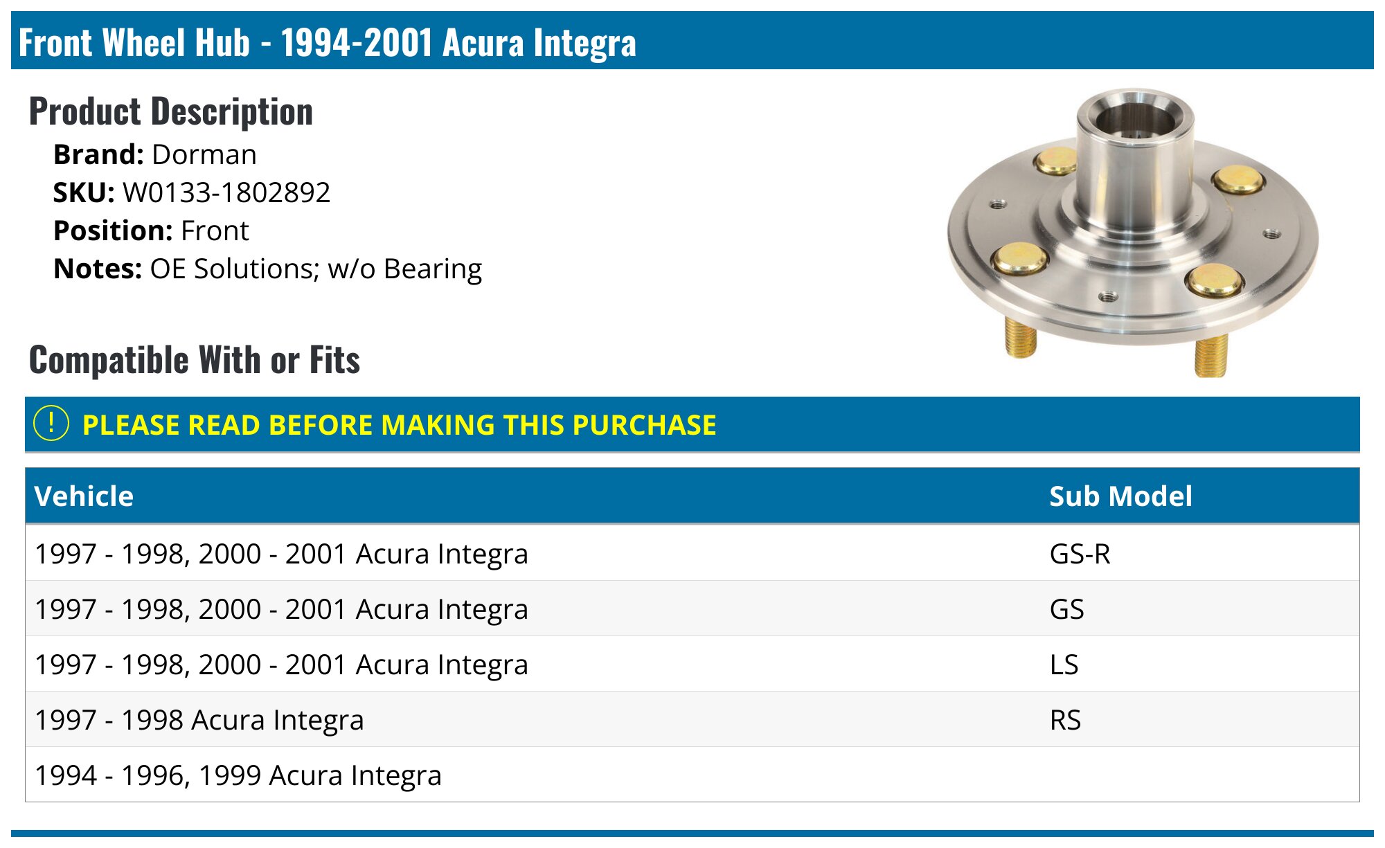Front Wheel Hub Bearing Assembly For 1998-1999 Acura CL3.0 V6 EACH