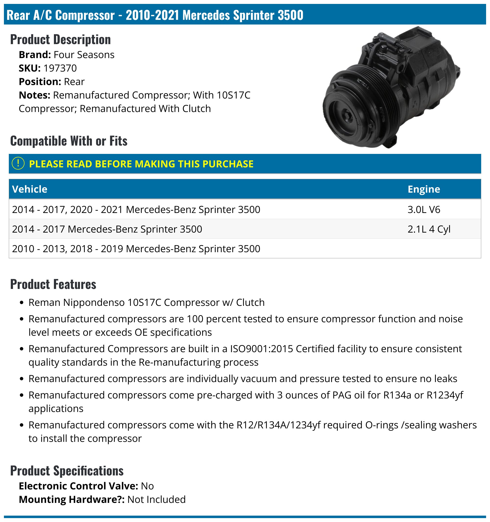 2010-2018, 2020-2022 Mercedes Sprinter 3500 A/C Compressor - Four Seasons 197370 - Rear ...