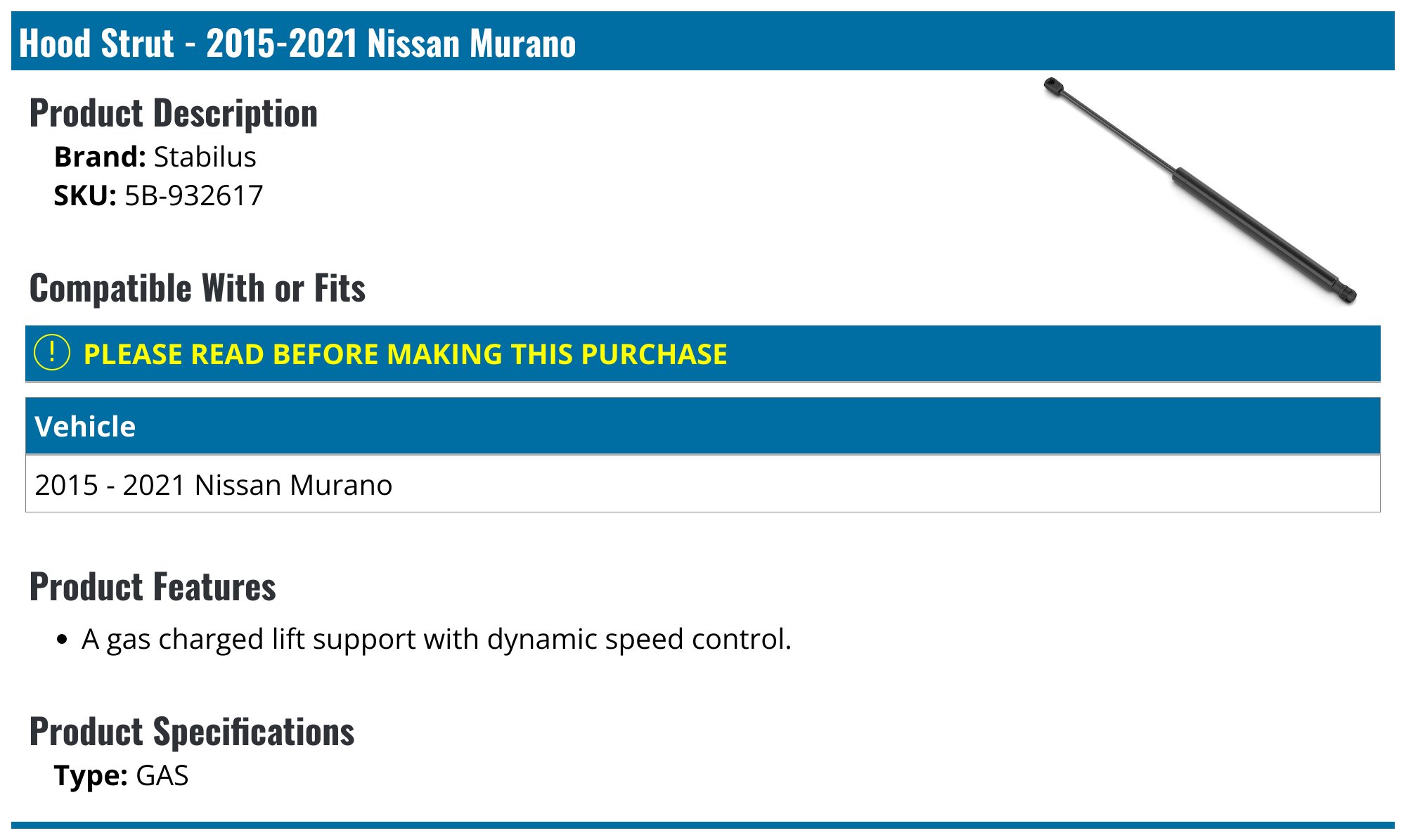 Hood Lift Supports For 2009-2014 Nissan Murano – Pair Of Gas Struts – PIT66
