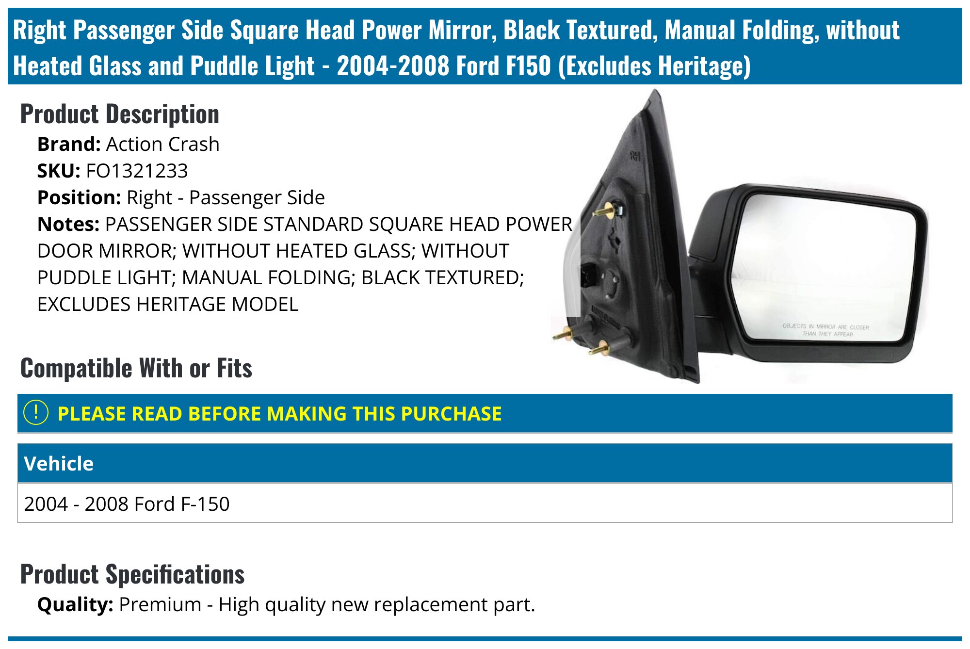 Gplusmotor Right Passenger Side Mirror Glass For 2011-2014 Ford F150 – Power Adjust, Direct Fit