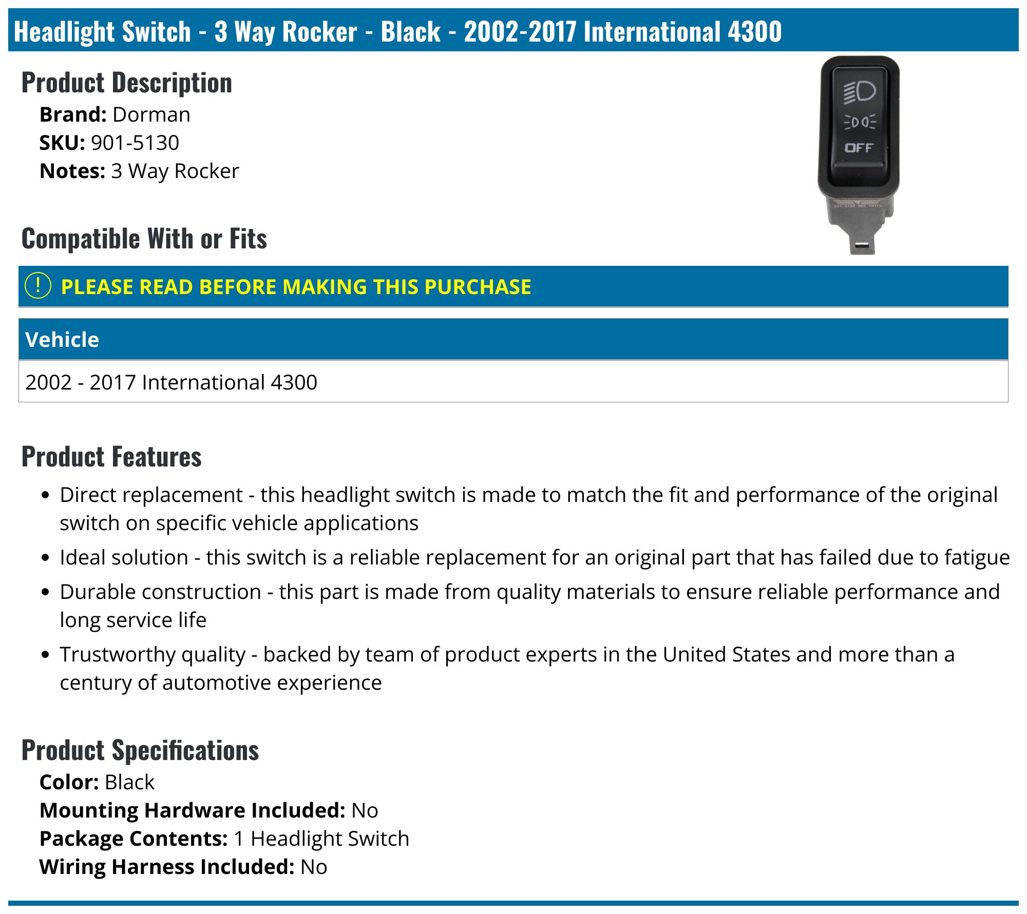 2002-2017 International 4300 Headlight Switch - Dorman 901-5130
