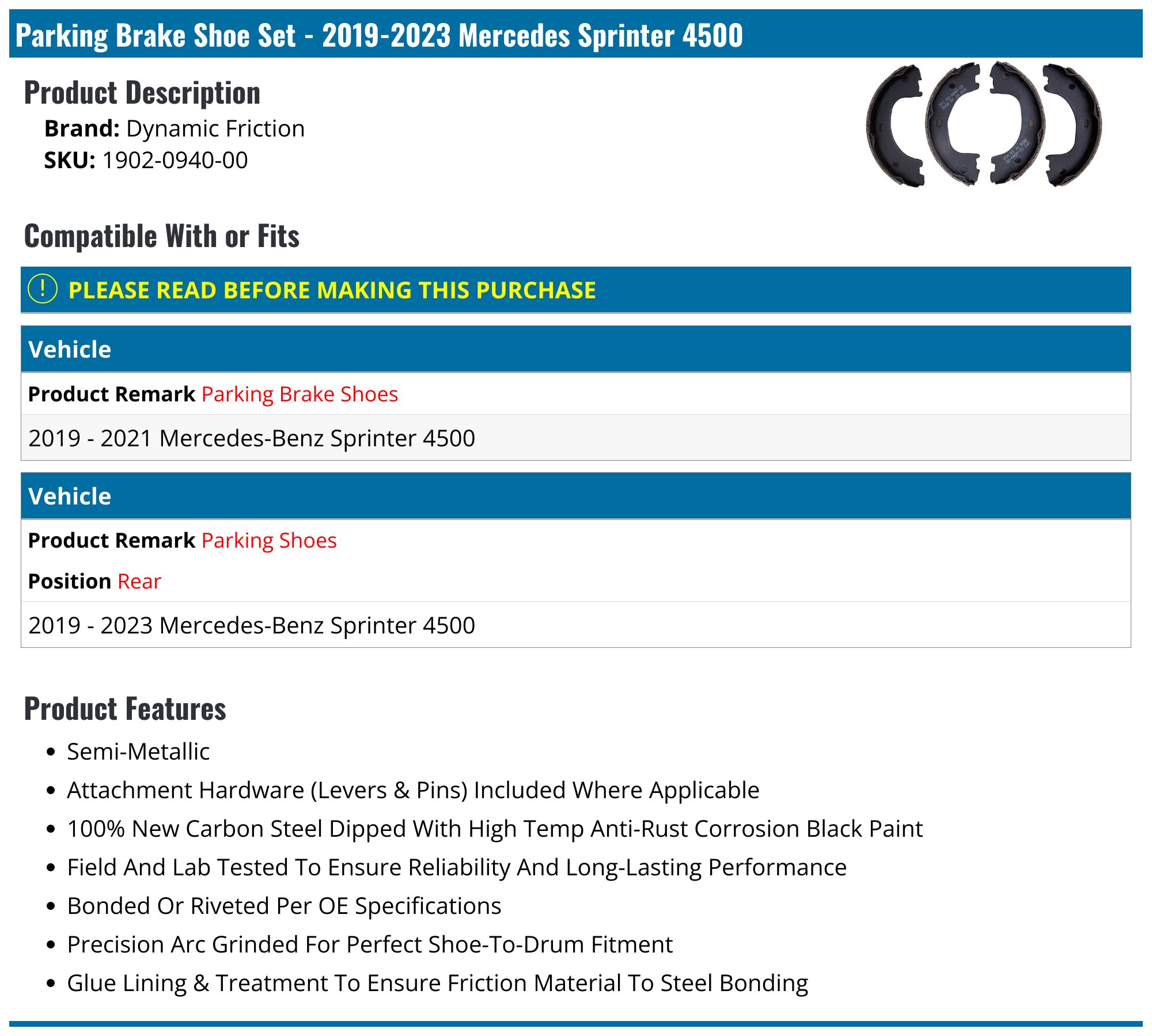 20192023 Mercedes Sprinter 4500 Parking Brake Shoe Set Dynamic Friction 1902094000 Rear