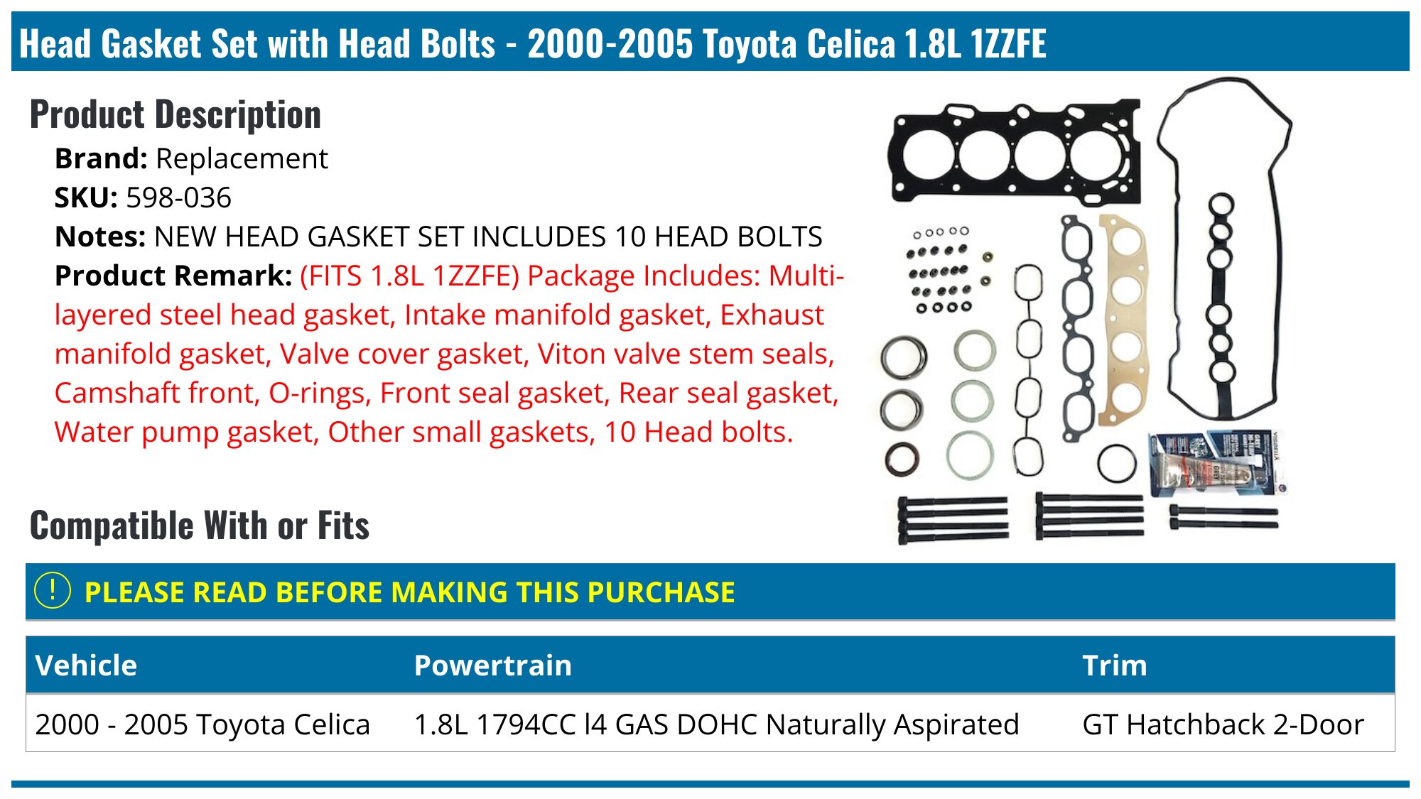 2000-2005 Toyota Celica Head Gasket - Replacement 598-036 - PartsGeek.com