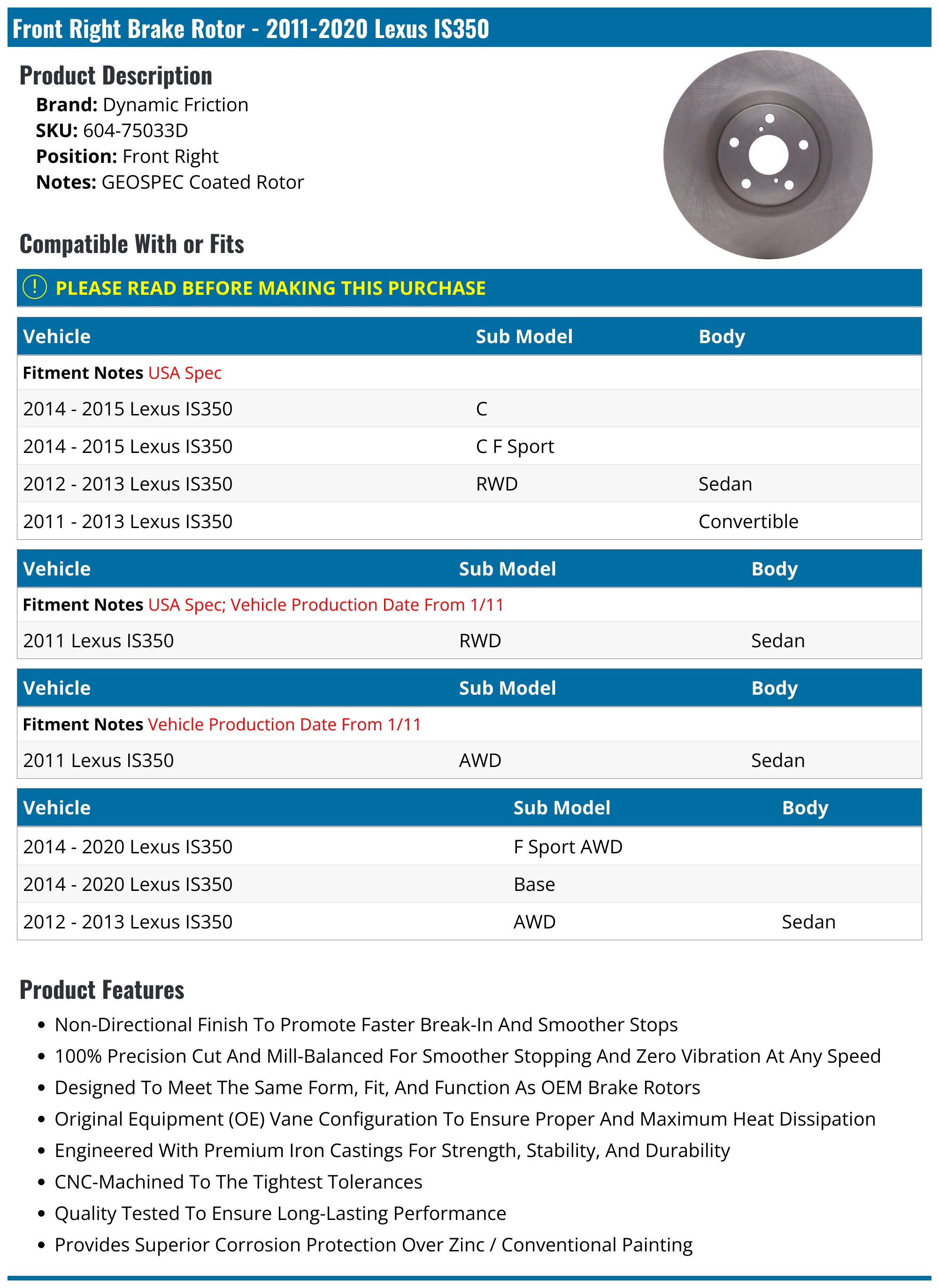 2011-2020 Lexus IS350 Brake Rotor - Dynamic Friction 604-75033D - Front ...
