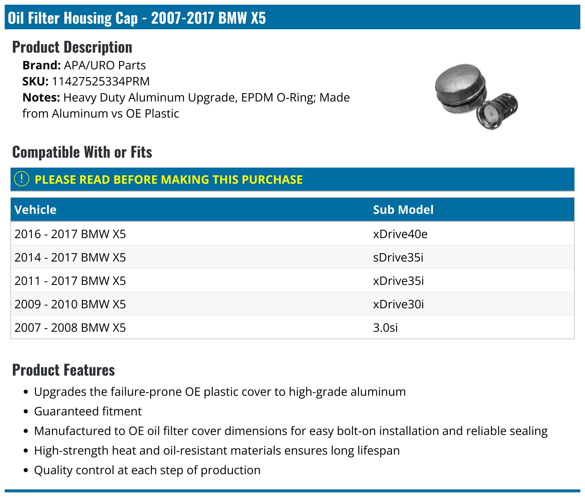 20072017 BMW X5 Oil Filter Housing Cap APA/URO Parts 11427525334PRM