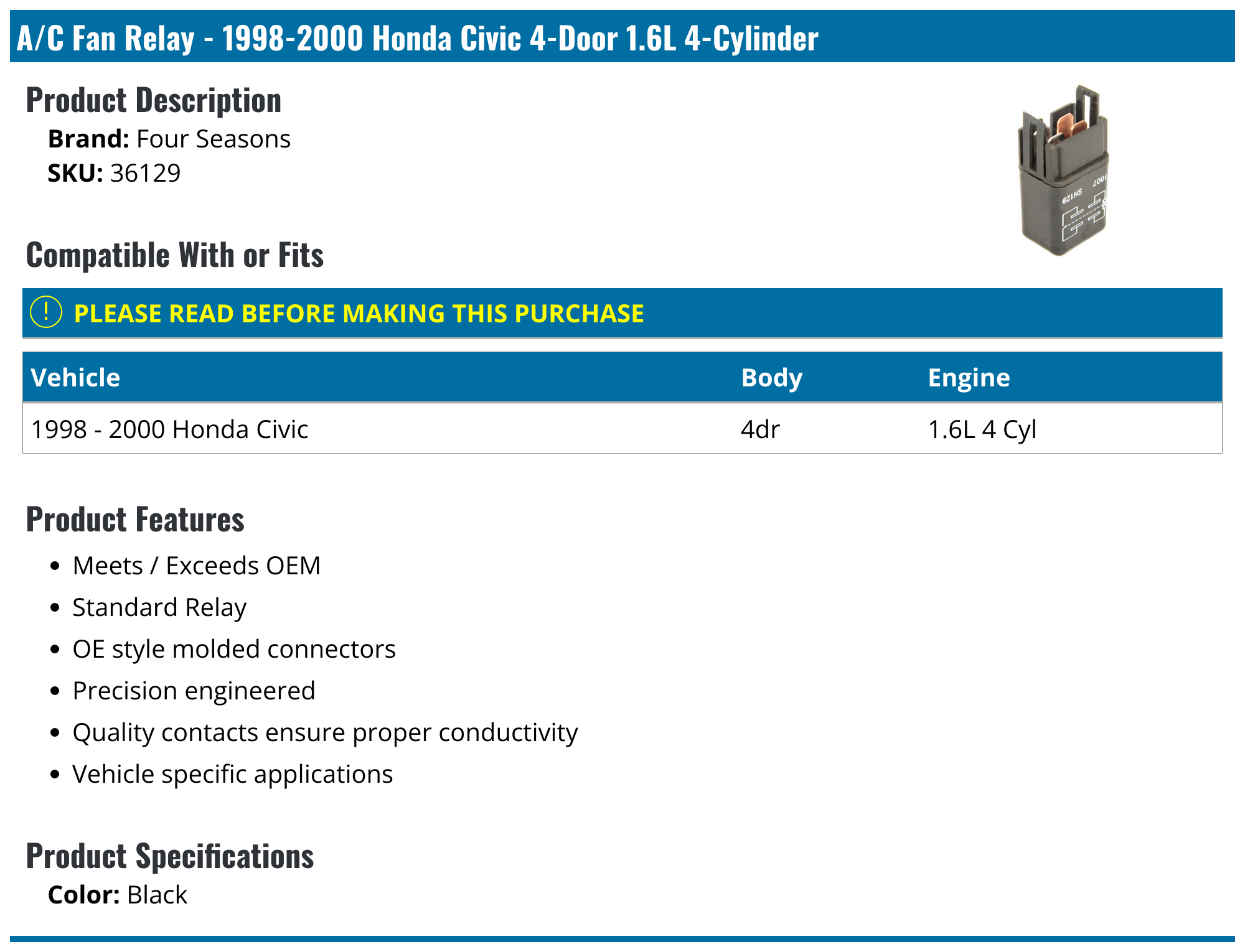 19982000 Honda Civic A/C Fan Relay Four Seasons 36129