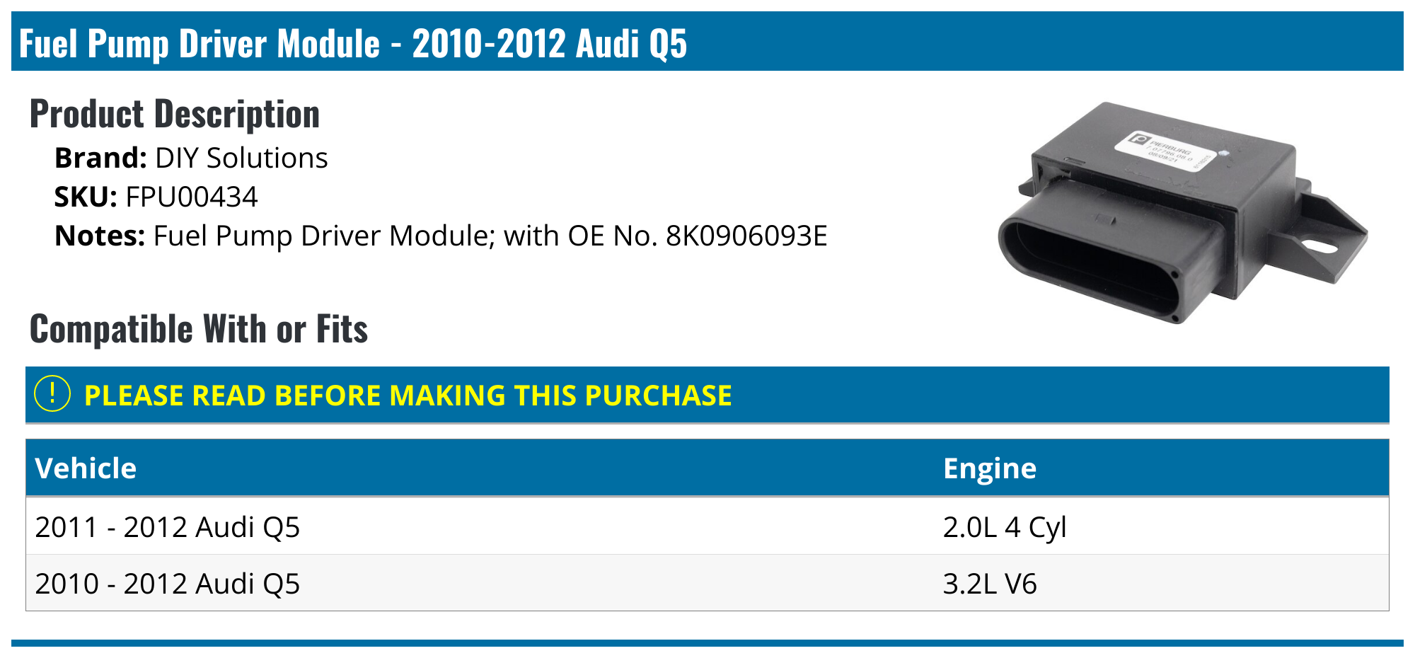 20102012 Audi Q5 Fuel Pump Control Module DIY Solutions FPU00434