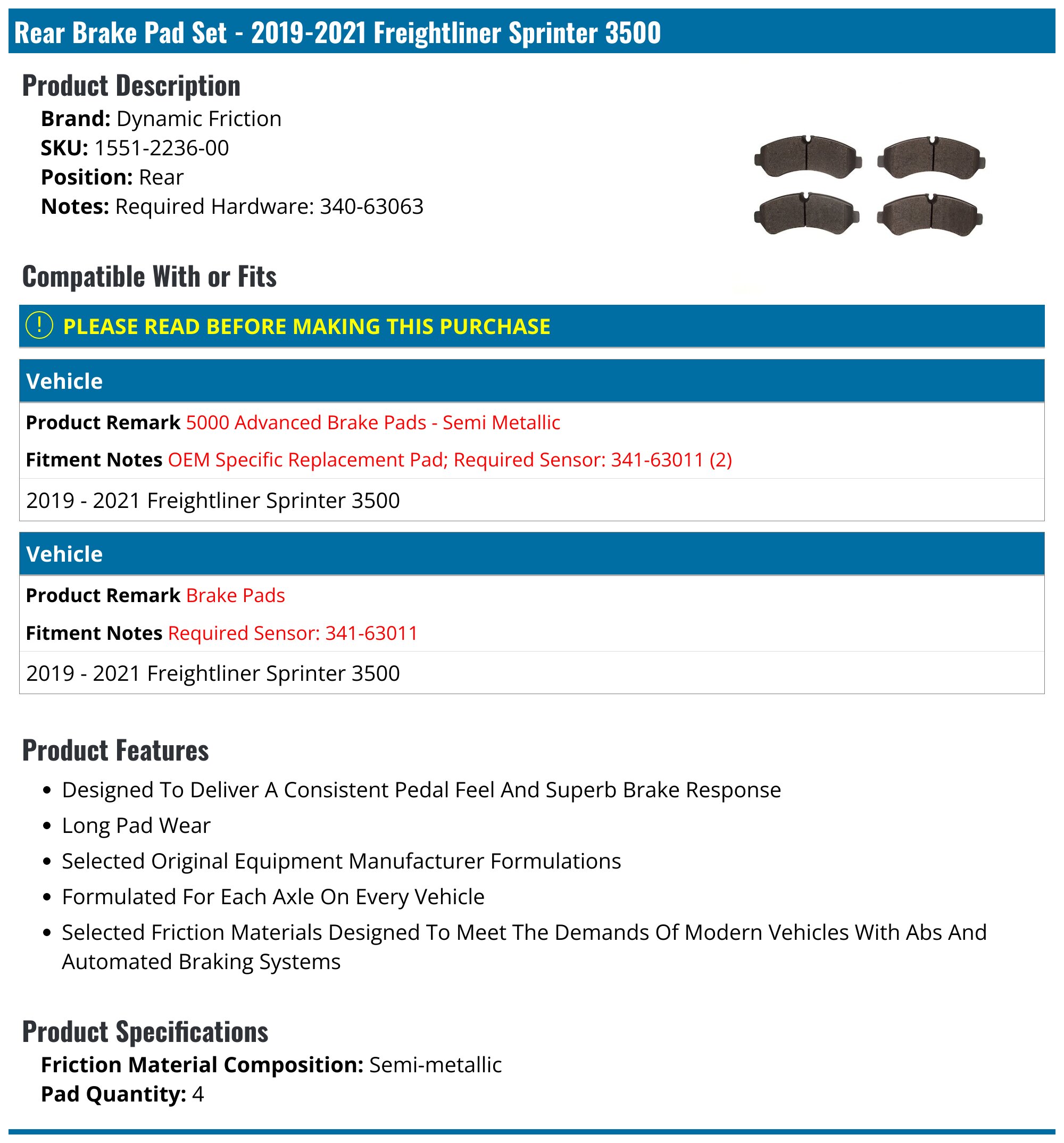 PowerStop Brake Pad Set | 2019 Freightliner Sprinter 3500 (Z36-2236)