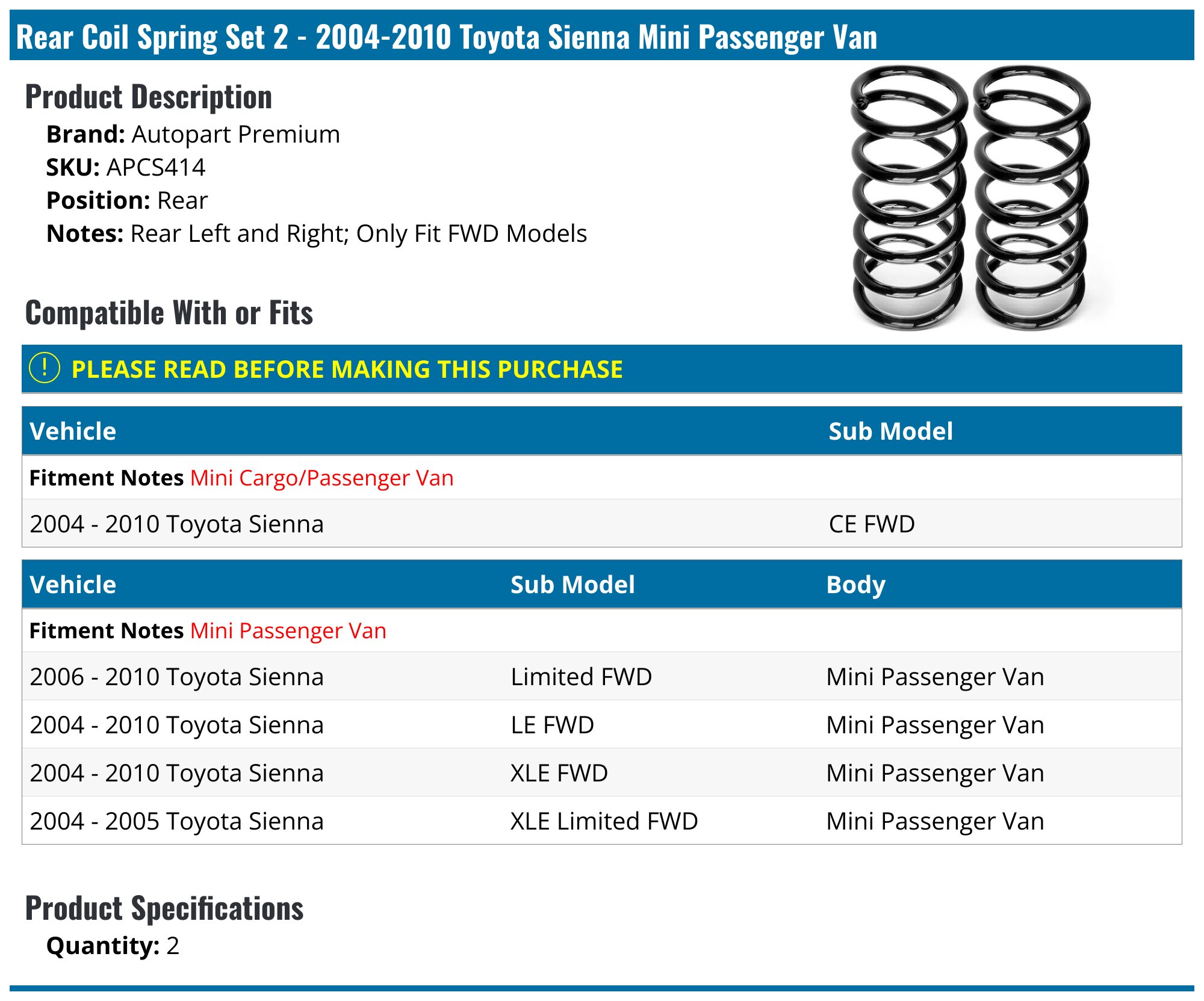 Spring Zet 2004-2010 Toyota Sienna Coil Spring - Autopart Premium APCS414 - Rear ...