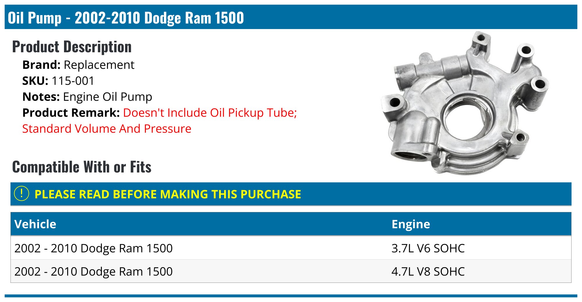 20022010 Dodge Ram 1500 Oil Pump Replacement 115001