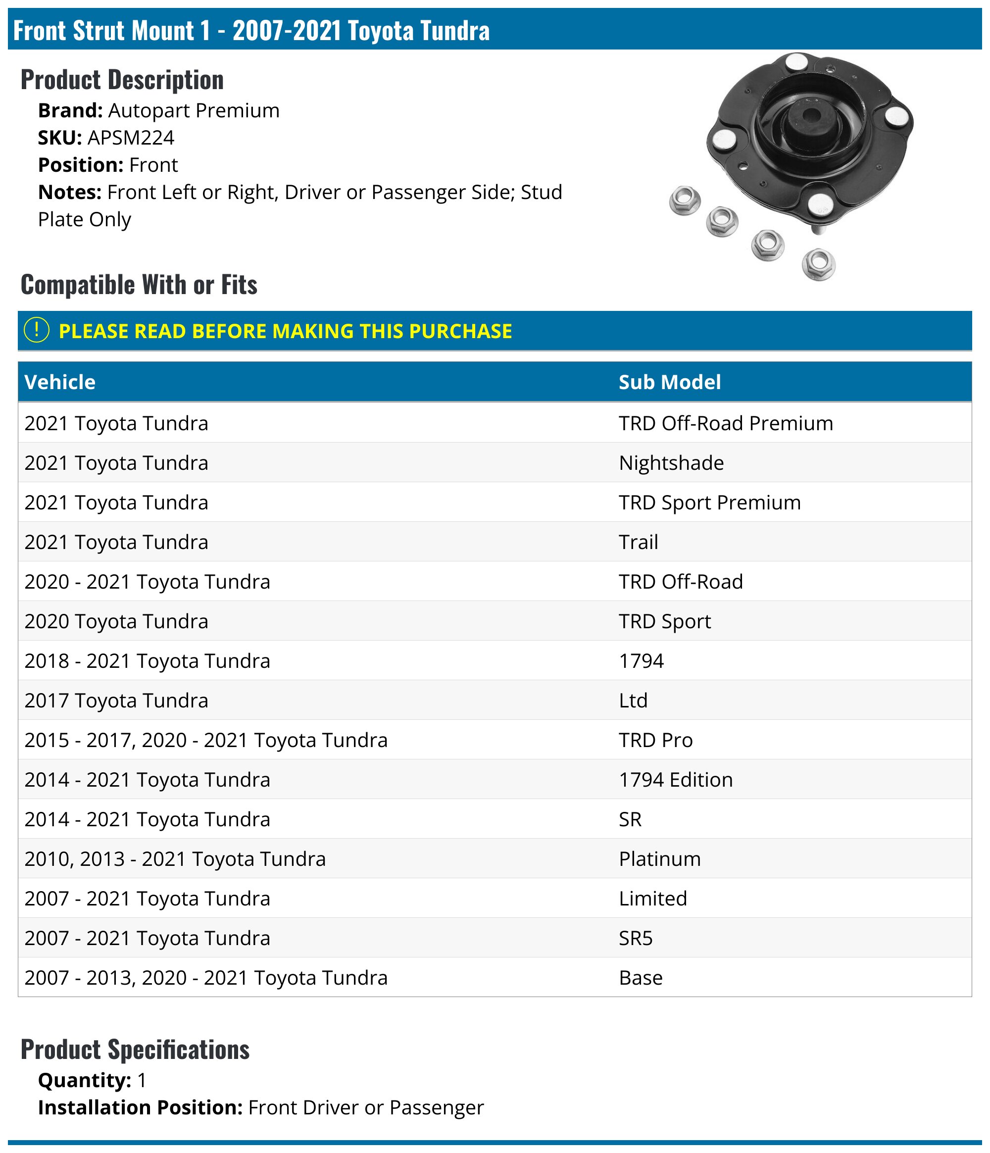 KYB Complete Corner Front Left Strut | Toyota Tundra (07-21) Exc. TRD (SRM4473)