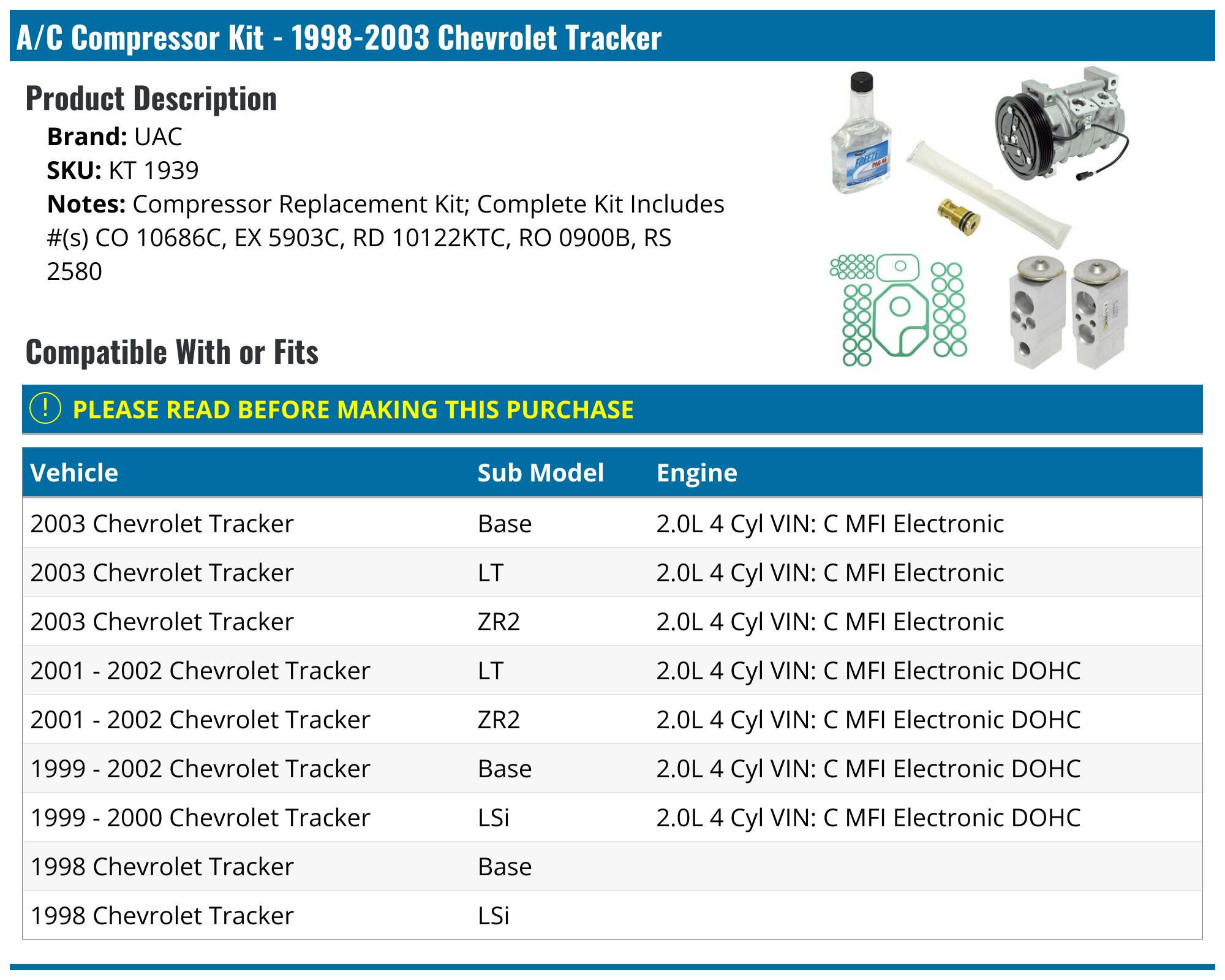 1998-2003 Chevrolet Tracker A/C Compressor - UAC KT 1939 - PartsGeek.com