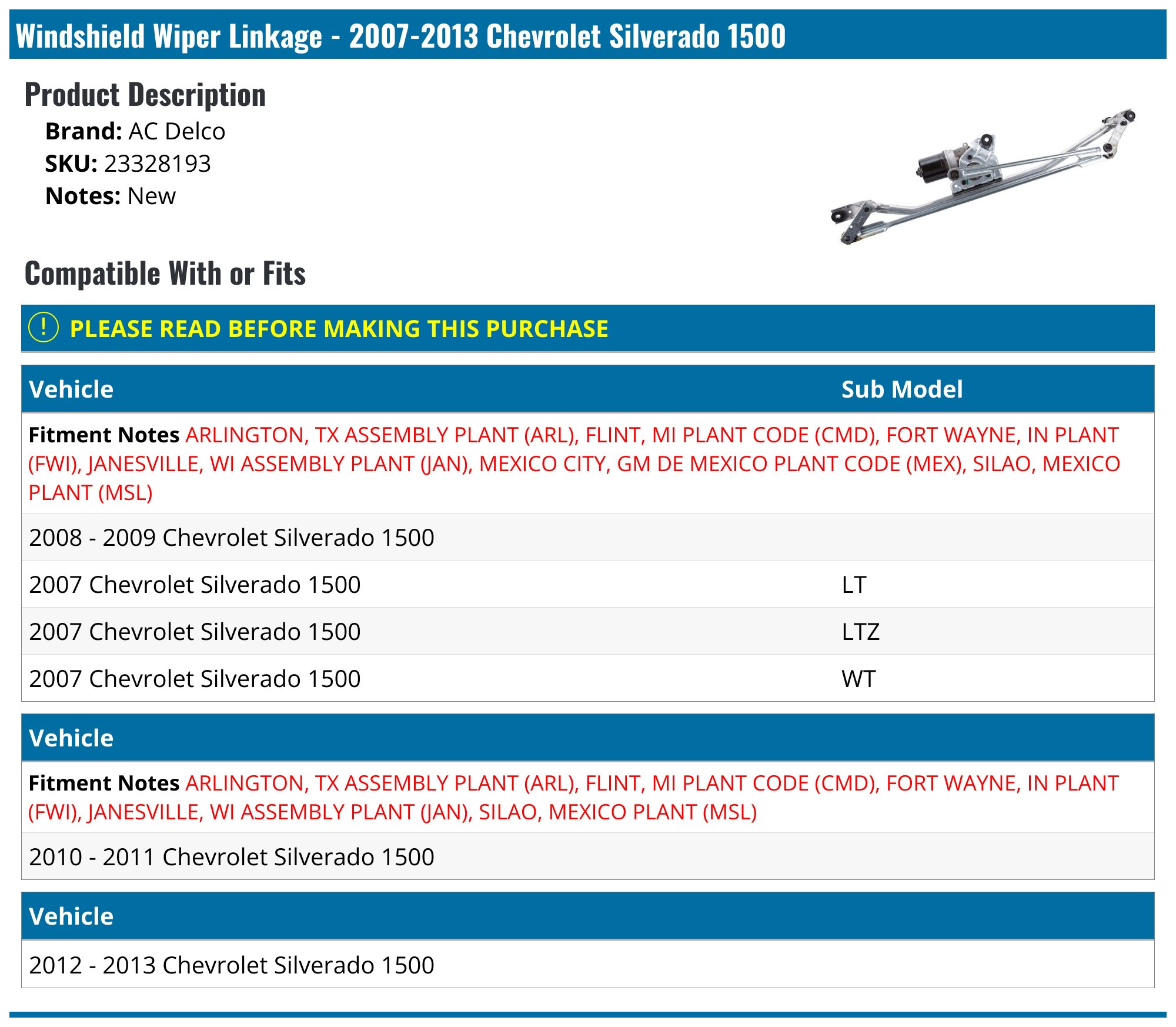 2007-2013 Chevrolet Silverado 1500 Windshield Wiper Linkage - AC Delco ...