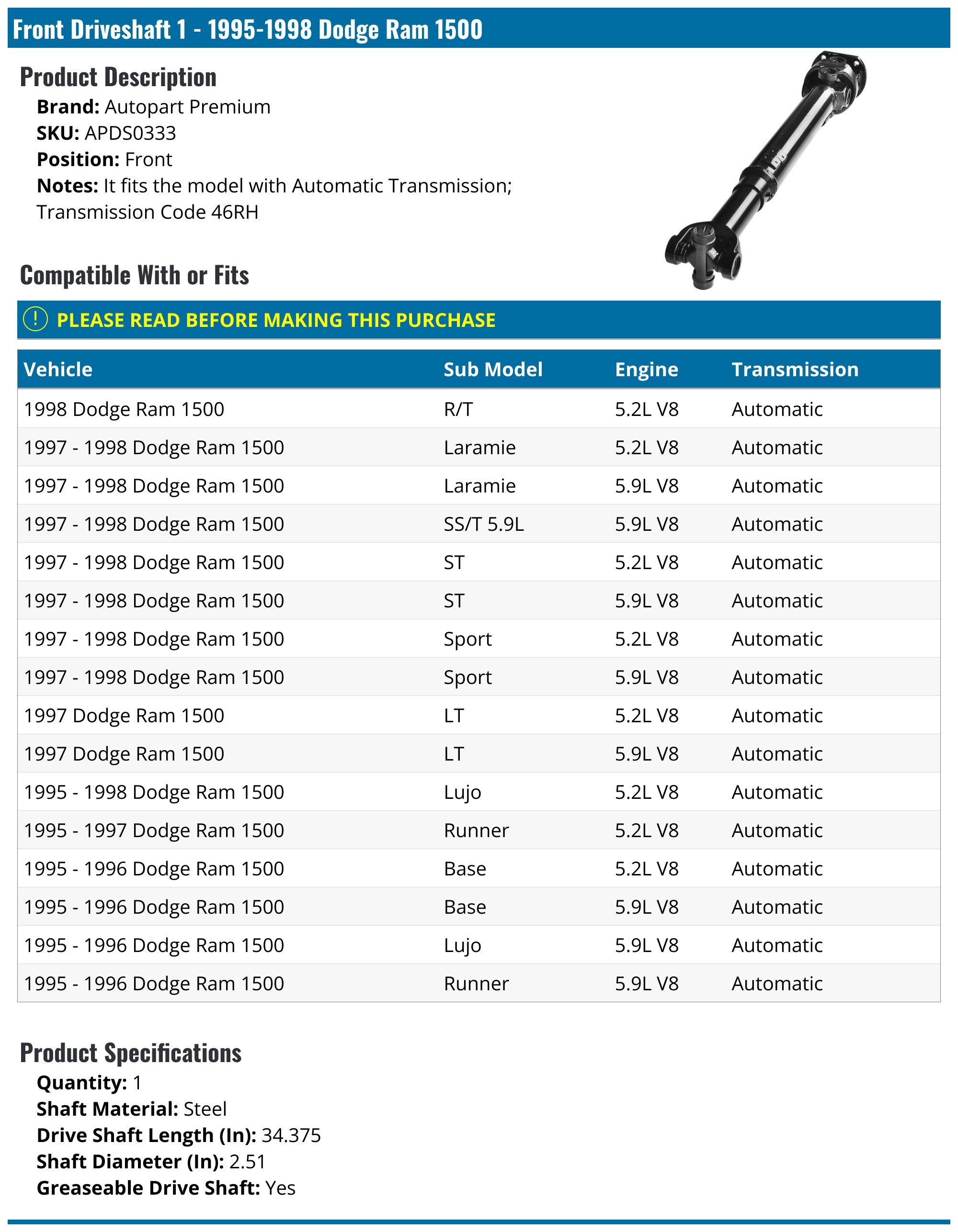 19951998 Dodge Ram 1500 Drive Shaft Autopart Premium APDS0333