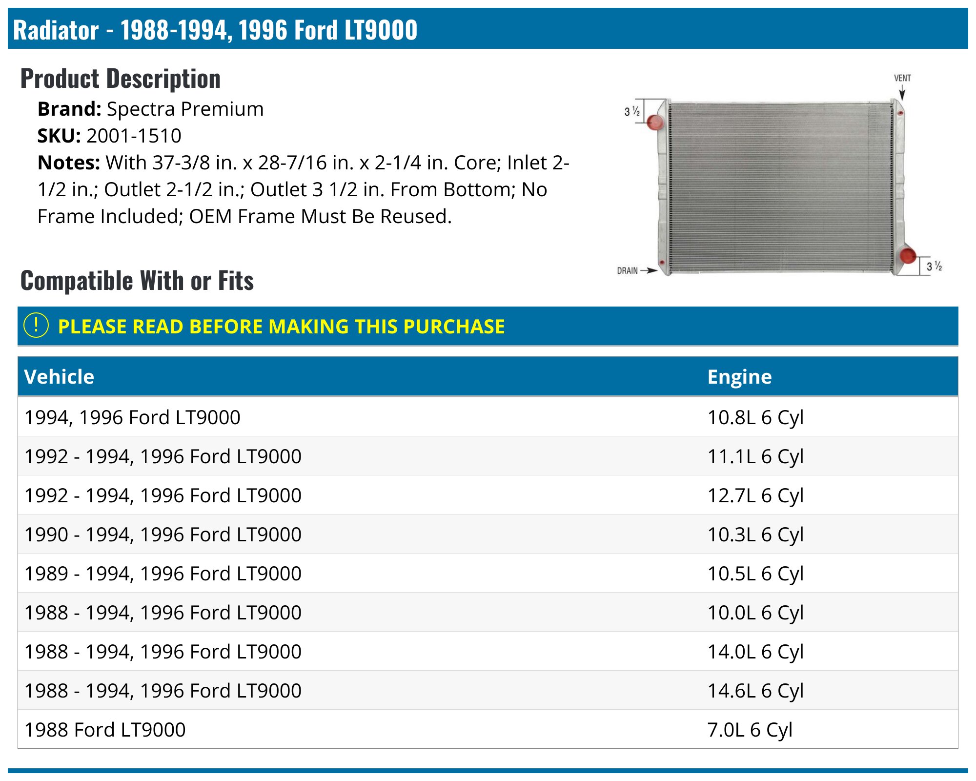Spectra Radiator Symbol 1988-1994, 1996 Ford LT9000 Radiator - Spectra Premium 2001-1510 ...