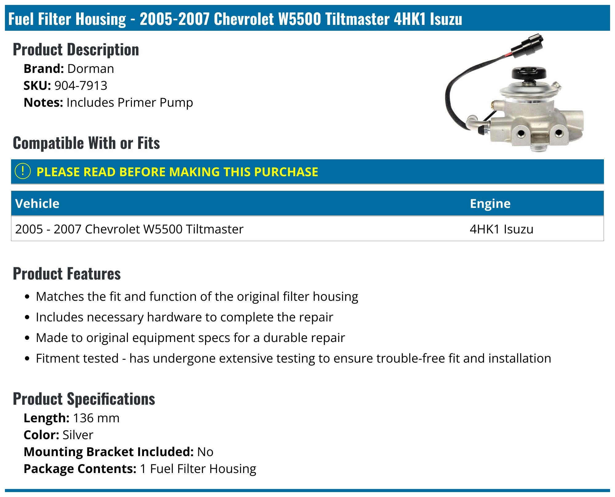 2005-2007 Chevrolet W5500 Tiltmaster Fuel Filter Housing - Dorman 904 ...