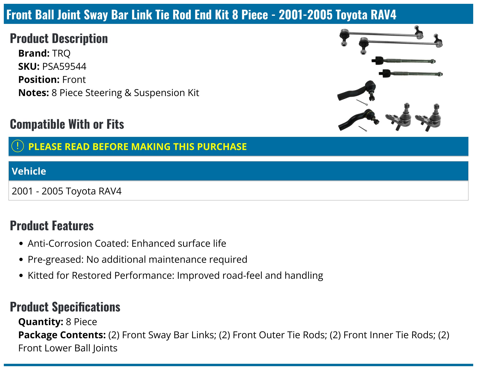 8-Piece Front Suspension Kit With Sway Bar & Ball Joints For Toyota RAV4 2001-2005