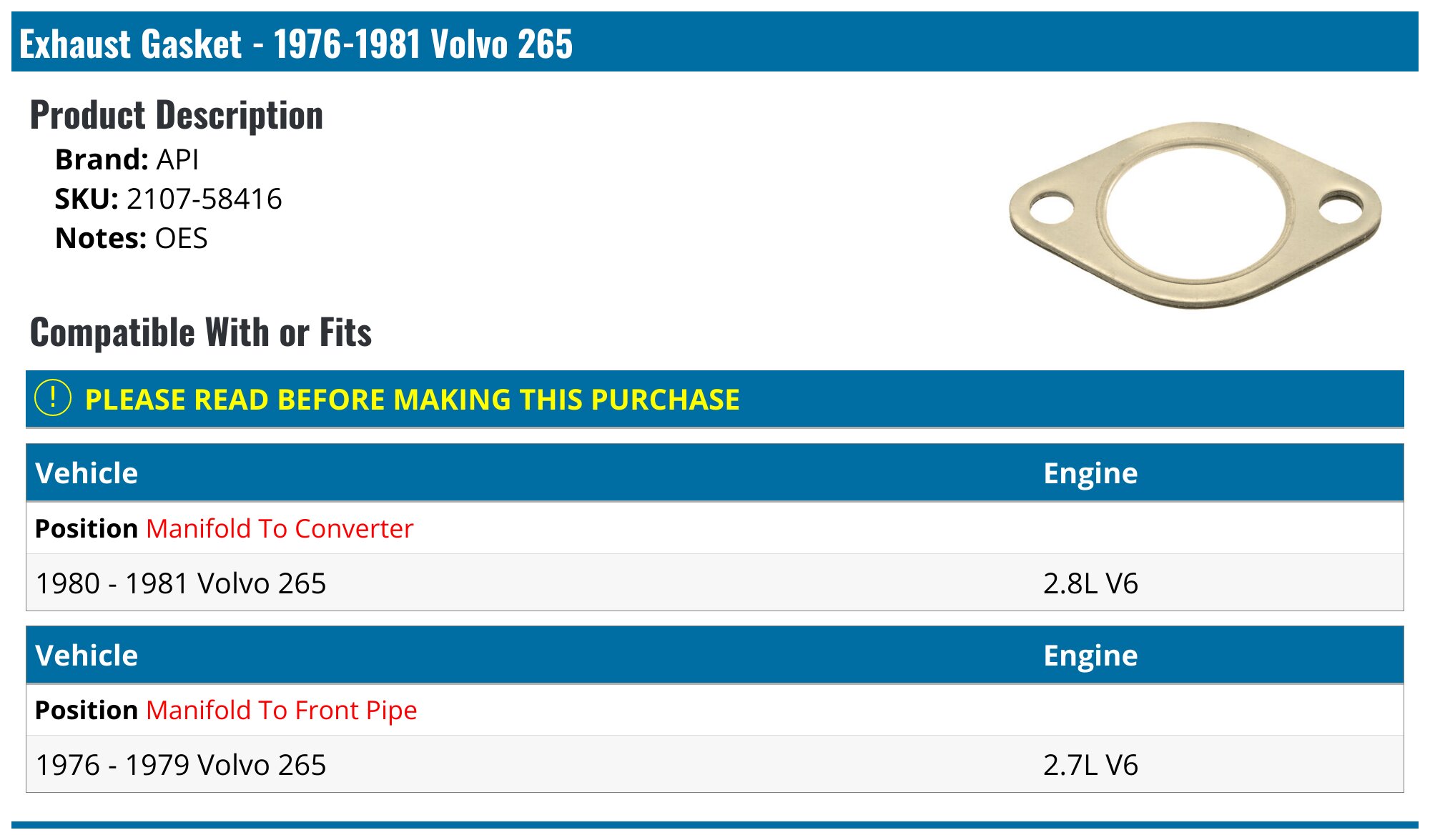 Walker Exhaust 31633 Exhaust Pipe Flange Gasket Fits Select: 2003-2004