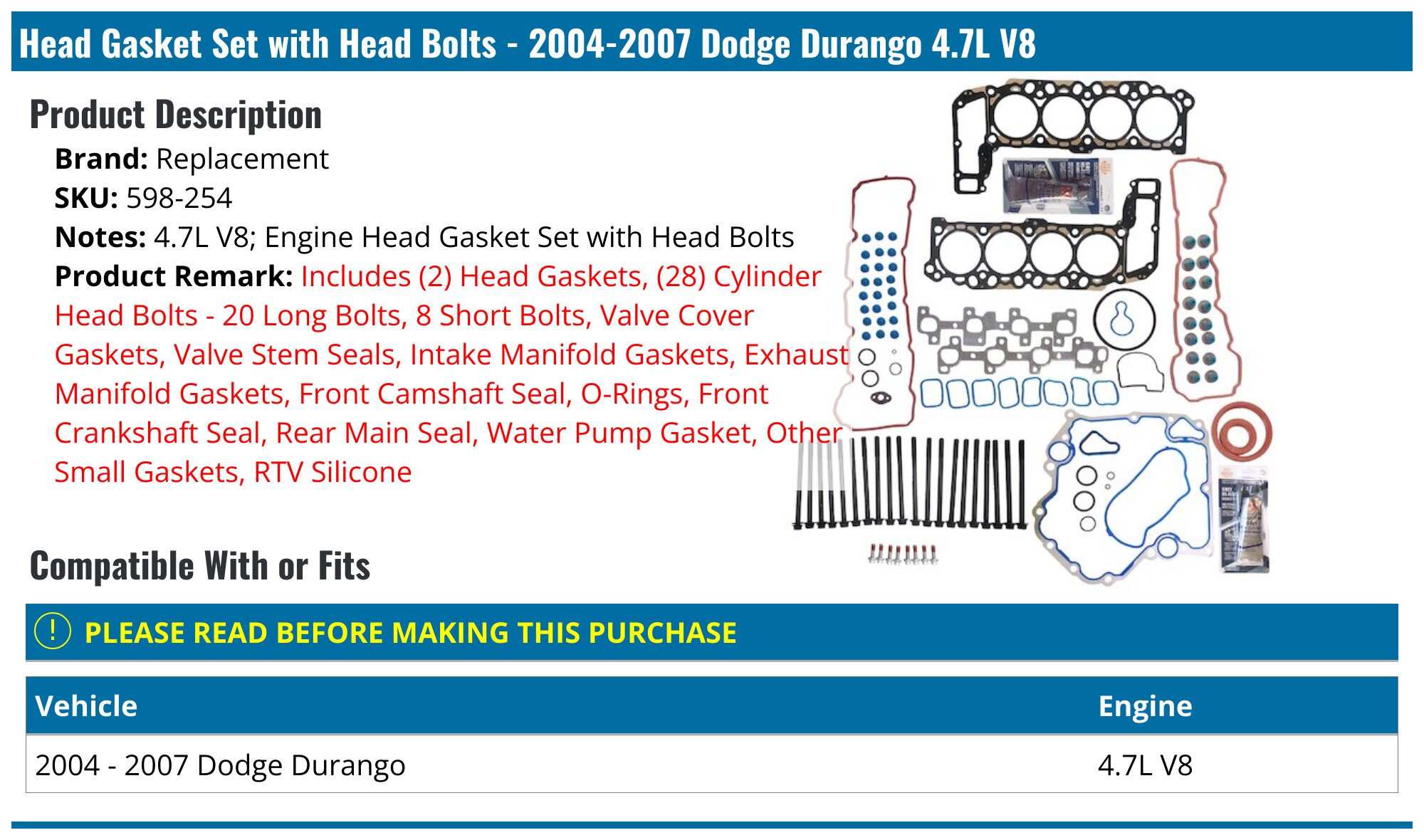 For 2004-2007 Dodge Durango Jeep 4.7L Timing Chain Kit & Head Gasket