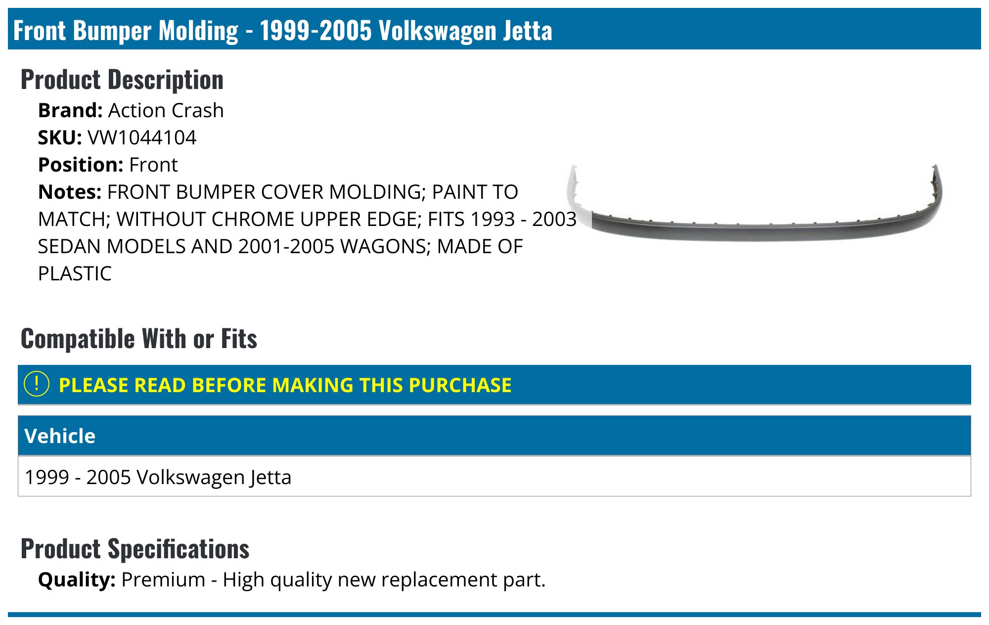 2005-2010 Volkswagen Jetta Grille Assembly - Action Crash