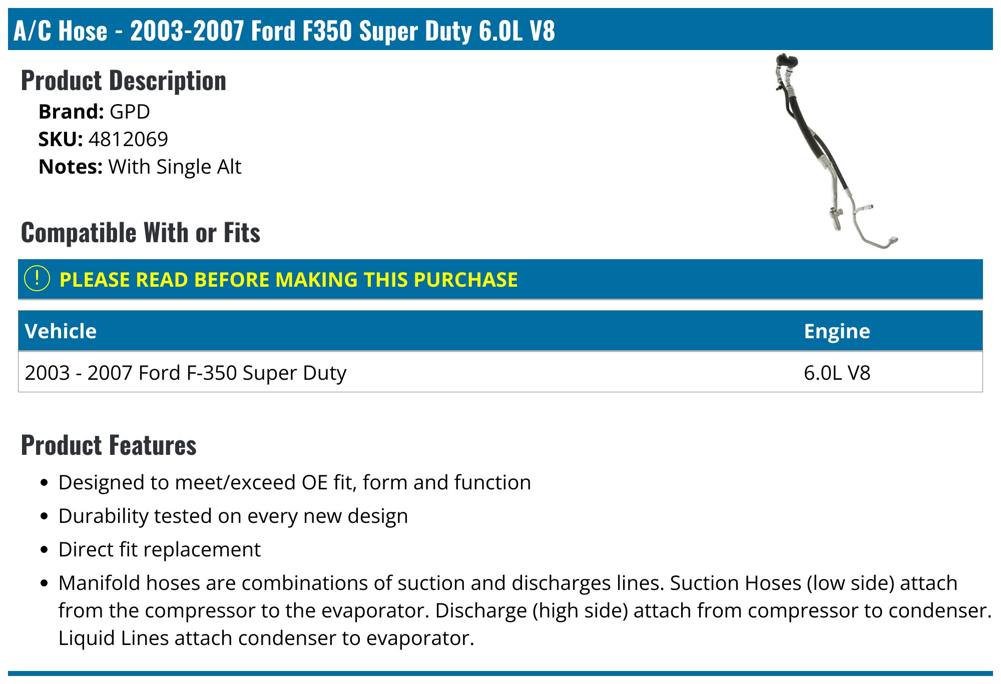 A/C Refrigerant Hose For 2008-2010 Ford F-250 F-350 F-450 F-550 Super Duty 6.4L – High Pressure-741190