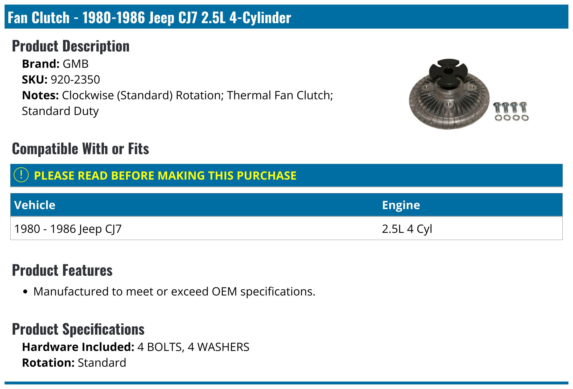 19801986 Jeep CJ7 Fan Clutch GMB 9202350