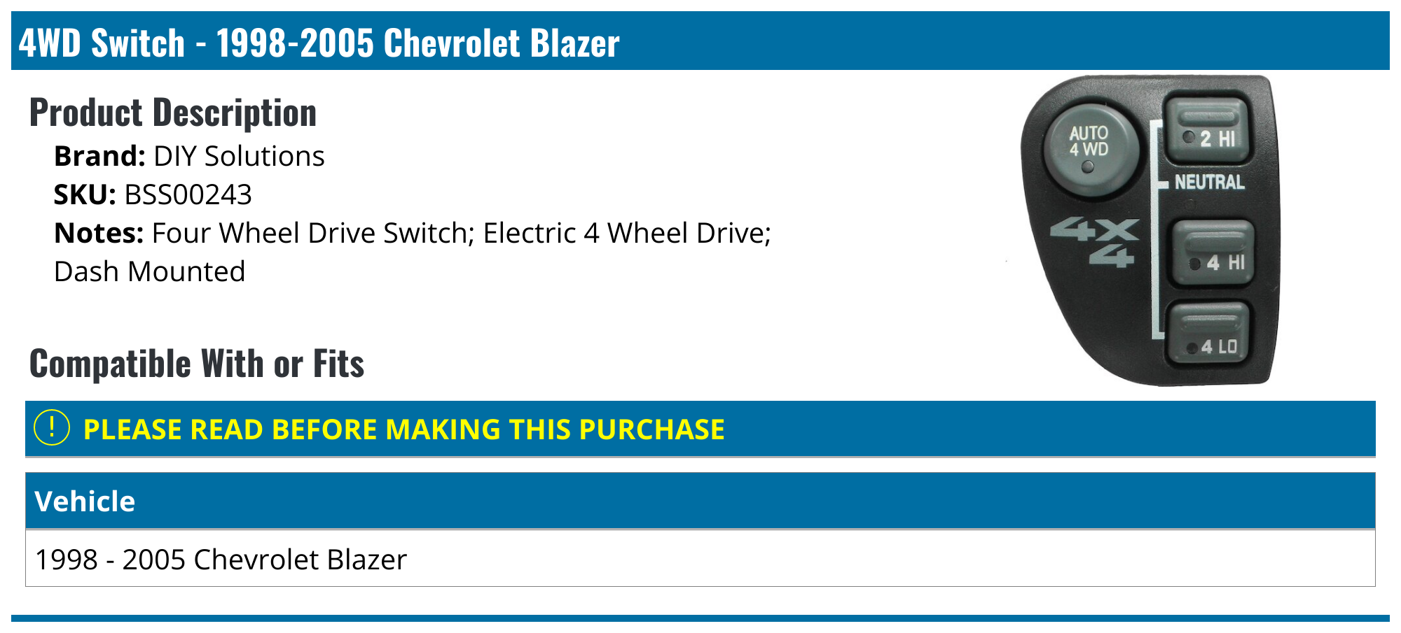 19982005 Chevrolet Blazer 4WD Switch DIY Solutions BSS00243