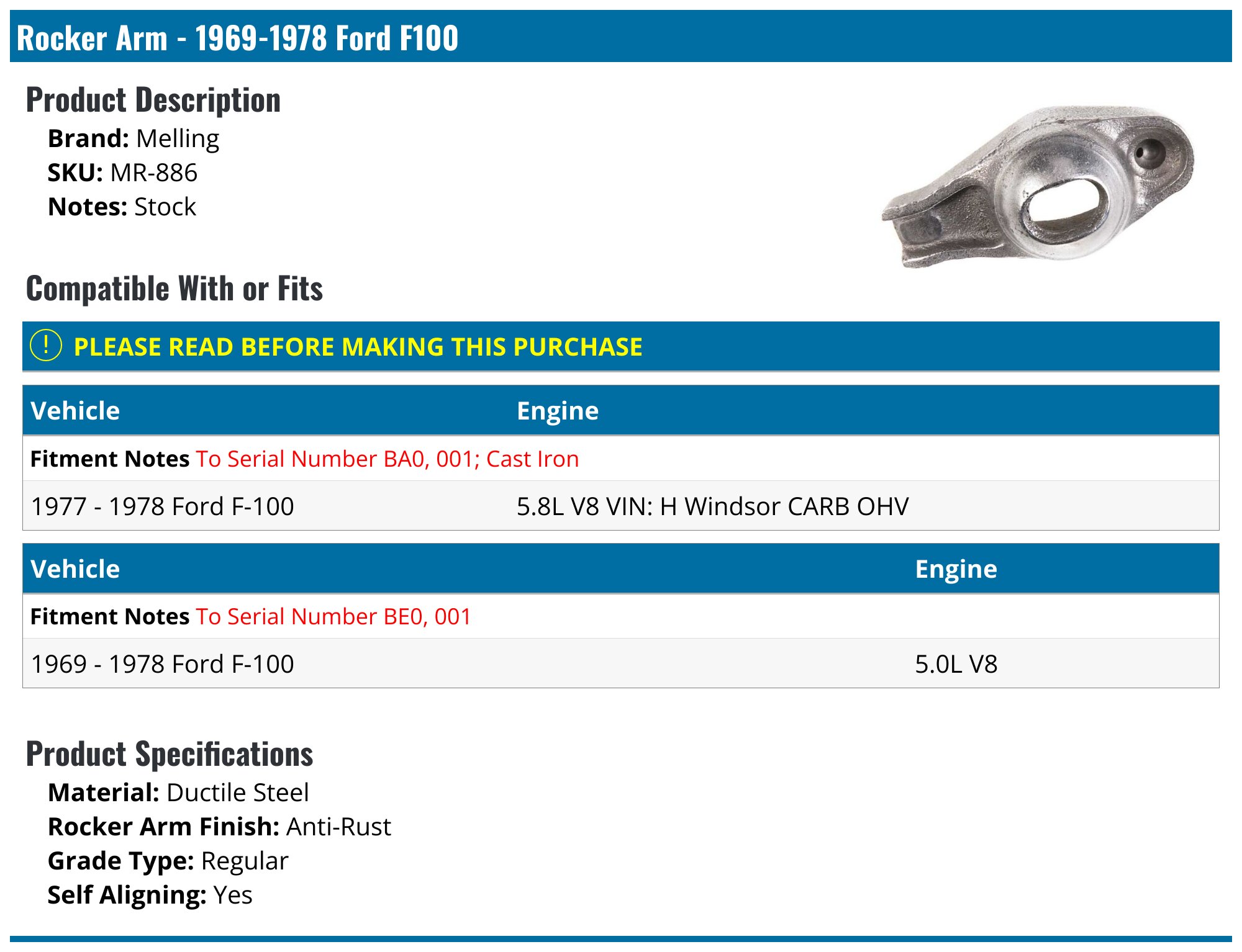 1969-1978 Ford F100 Rocker Arm - Melling MR-886 - PartsGeek.com